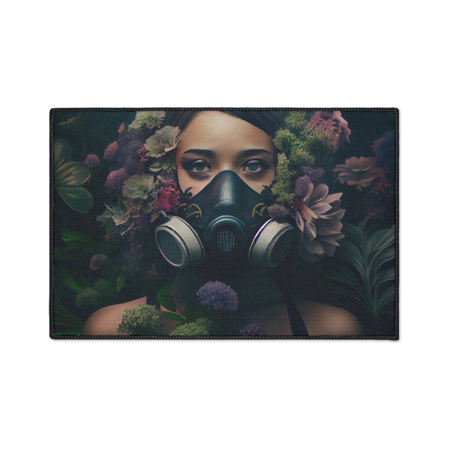 a beautiful woman wearing a gas mask filled with plants and flowers and moss - Heavy Duty Floor Mat