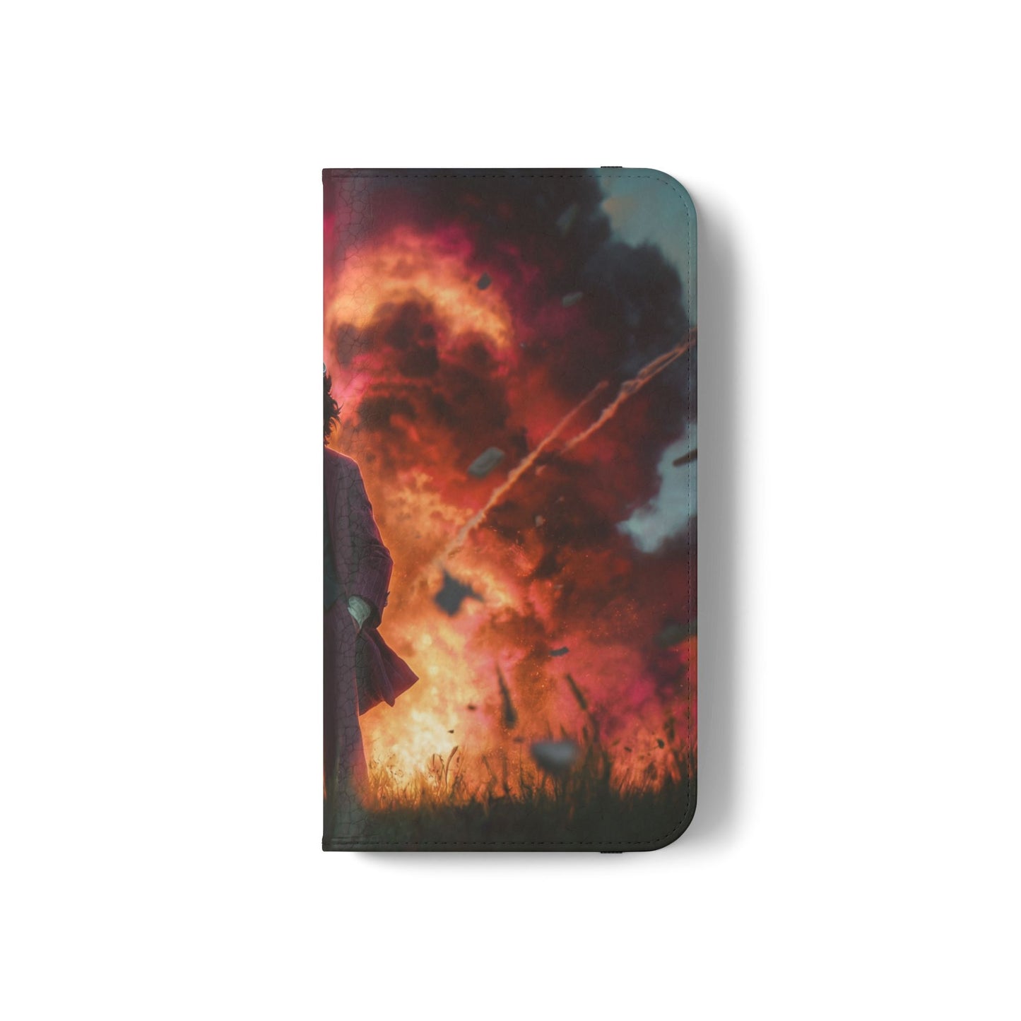 Goggles & Chaos Flip Cases – Purple Suit Amidst Fiery Explosion