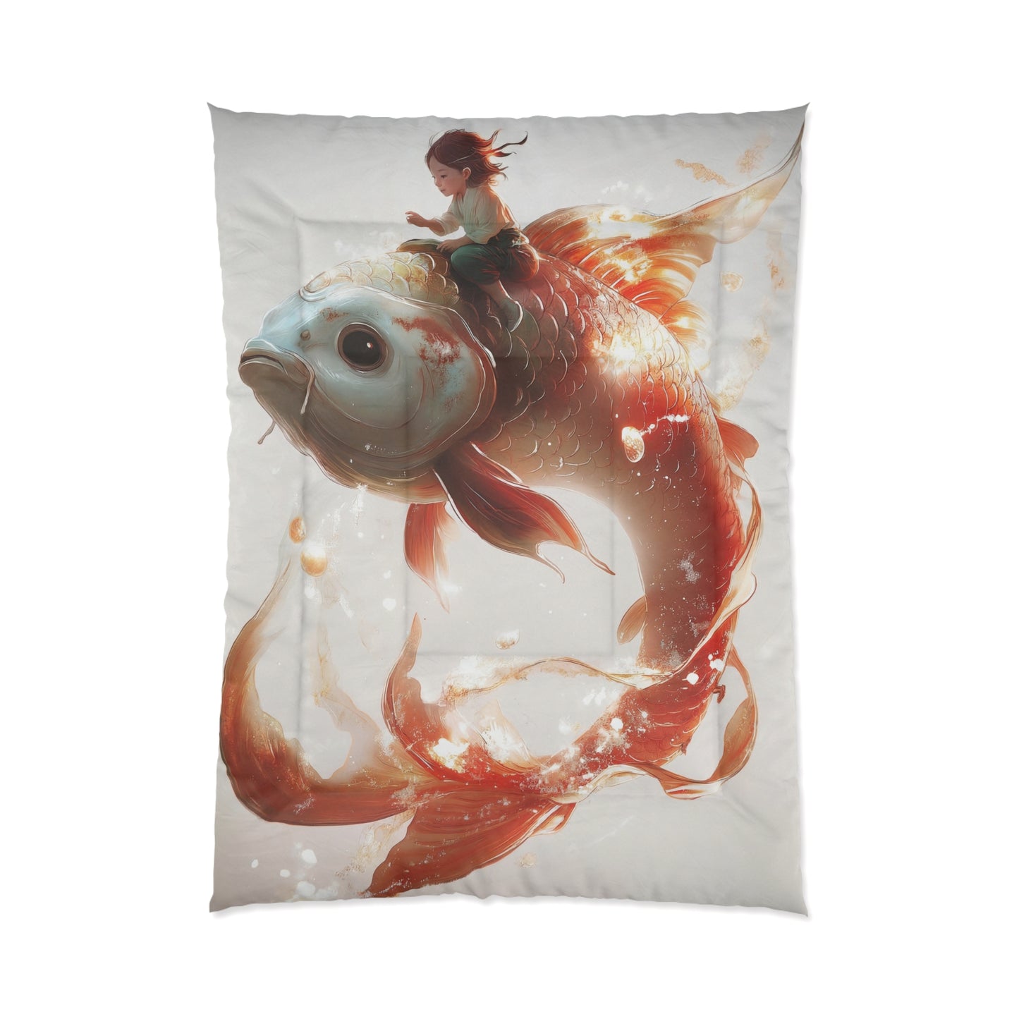 Child on Celestial Koi Comforter – Warm Glow Through Liquid Light