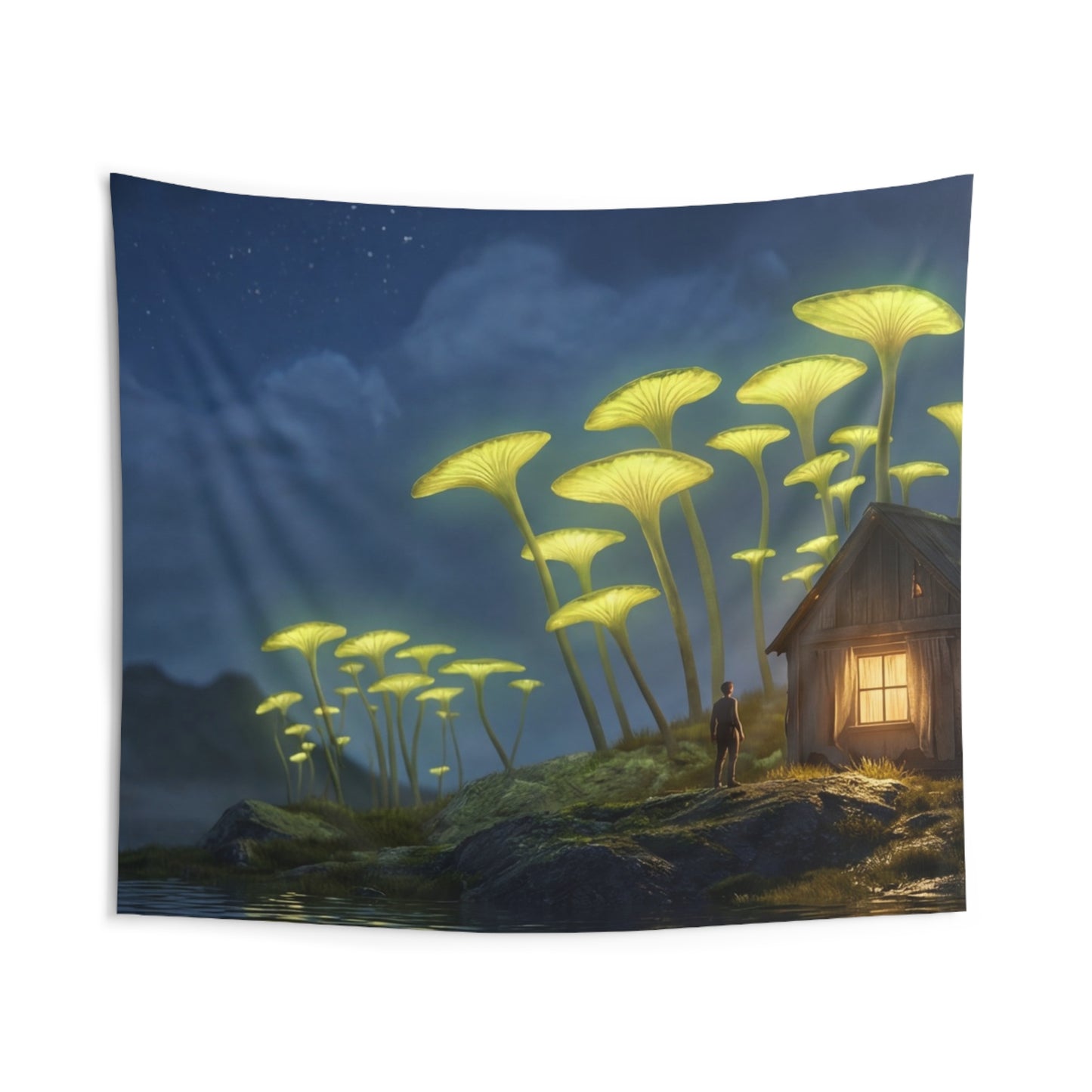 Luminescent Mushroom Cabin Wall Tapestry – Night’s Quiet Glow