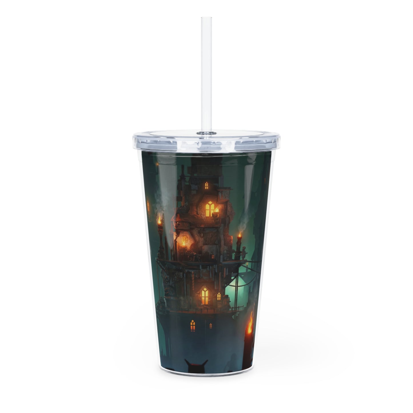 Floating City at Dusk Plastic Tumbler with Straw – Warm Lights in the Misty Sky