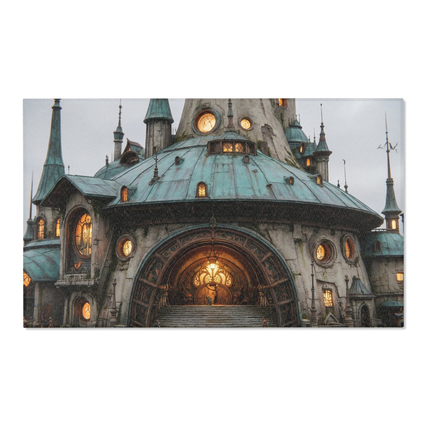 Clockwork Citadel Area Rugs – Twilight Keep with Glowing Windows