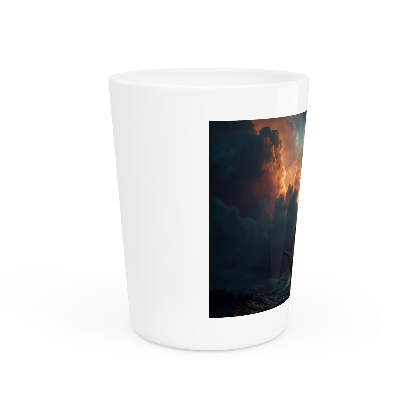 Stormbound Galleon Shot Glass – Golden Sails Against Burning Clouds