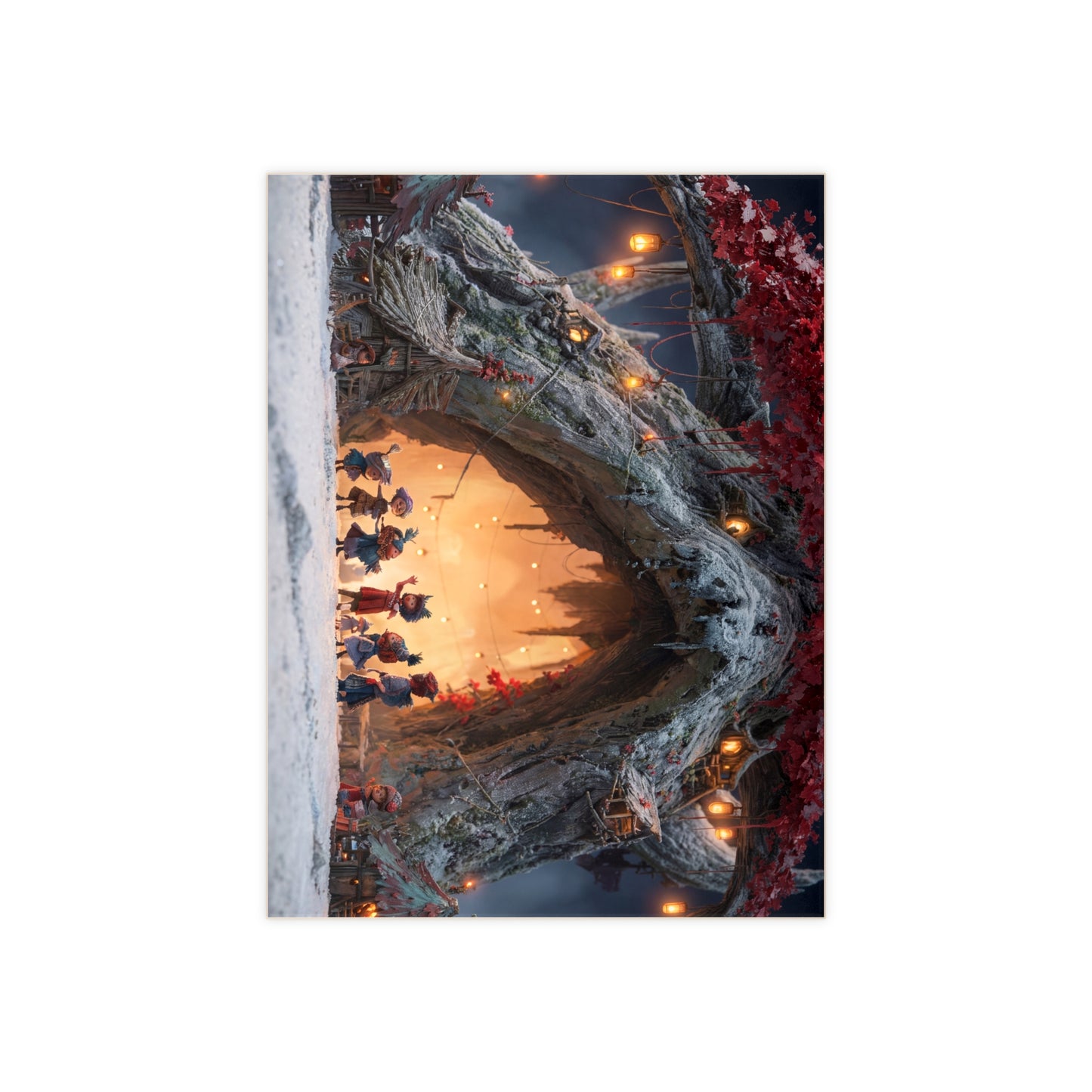 Winter Treehouse Village Ceramic Photo Tile – Snow-Dusted Folk Gathering