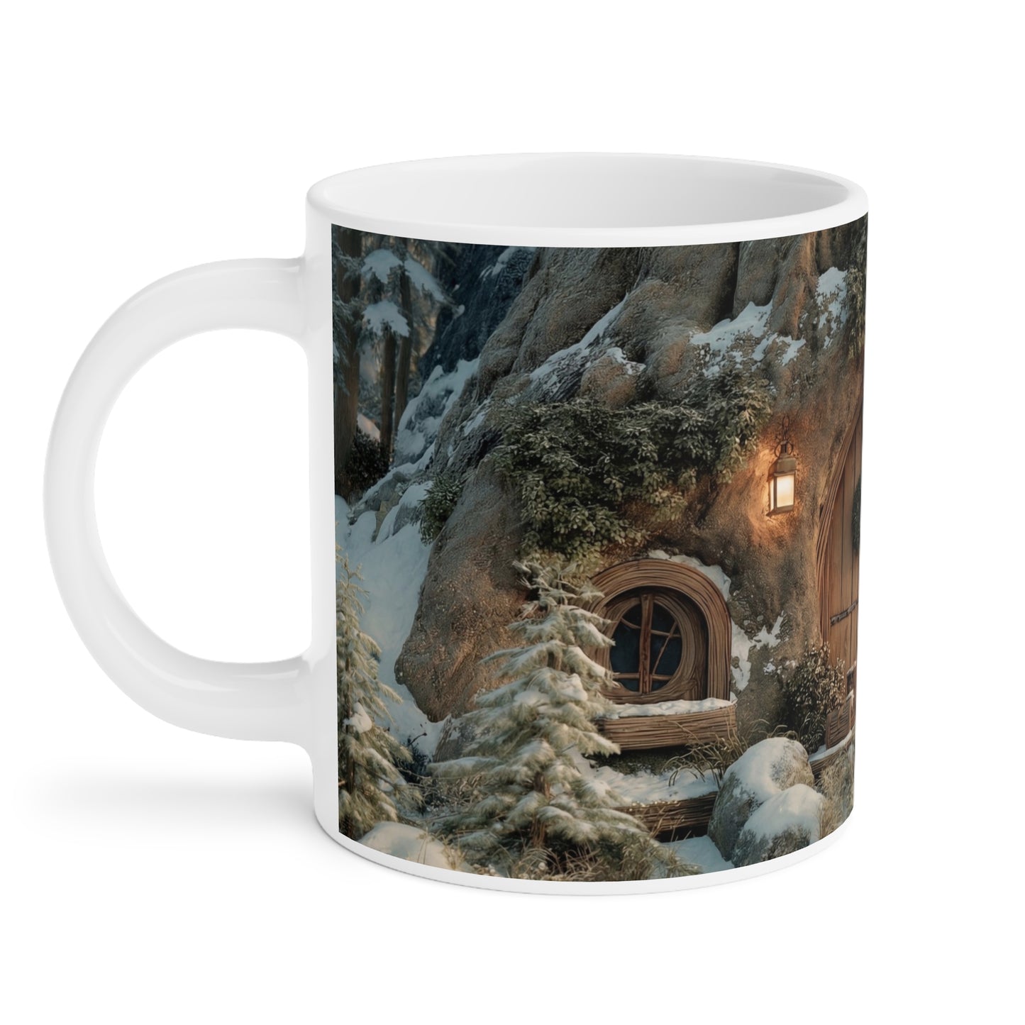 Winter Hollow Treehouse Mug – Warm Hearth Glow in Snow