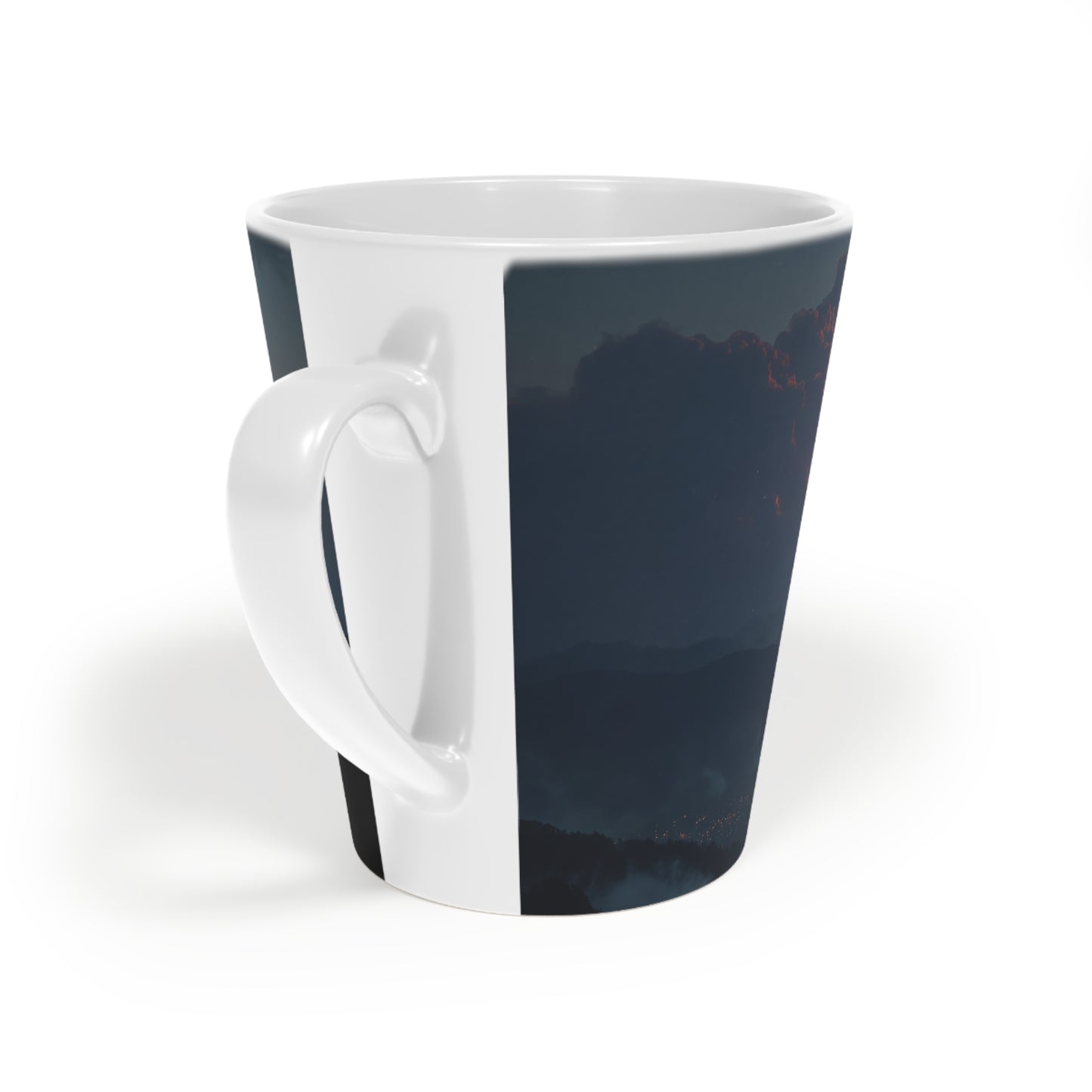 Celestial Fireball Latte Mug, 12oz – Meteor Over Mountain Cityscape