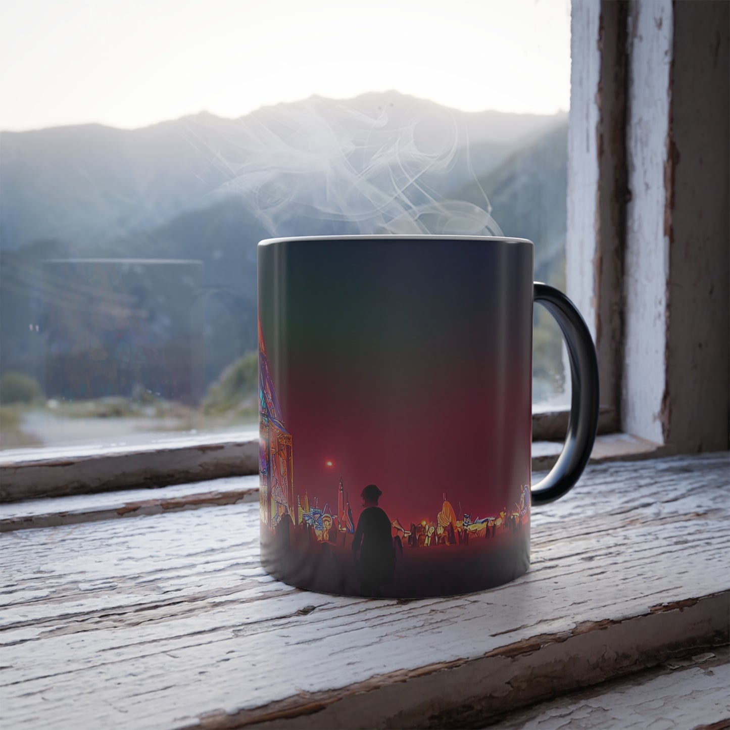 stained glass cathedral at burning man at night - Color Morphing Mug, 11oz