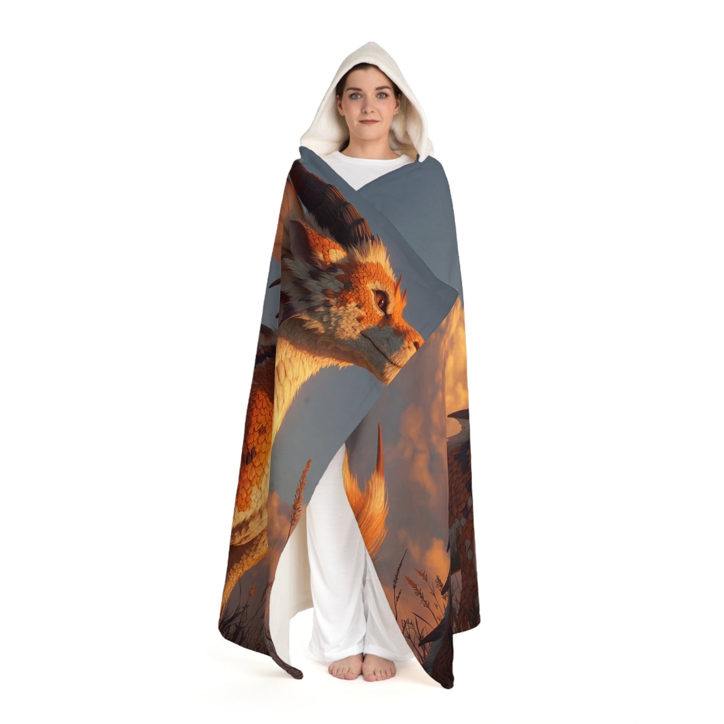 Sunset Sentinel Dragon Hooded Sherpa Fleece Blanket – Golden Hour Guardian
