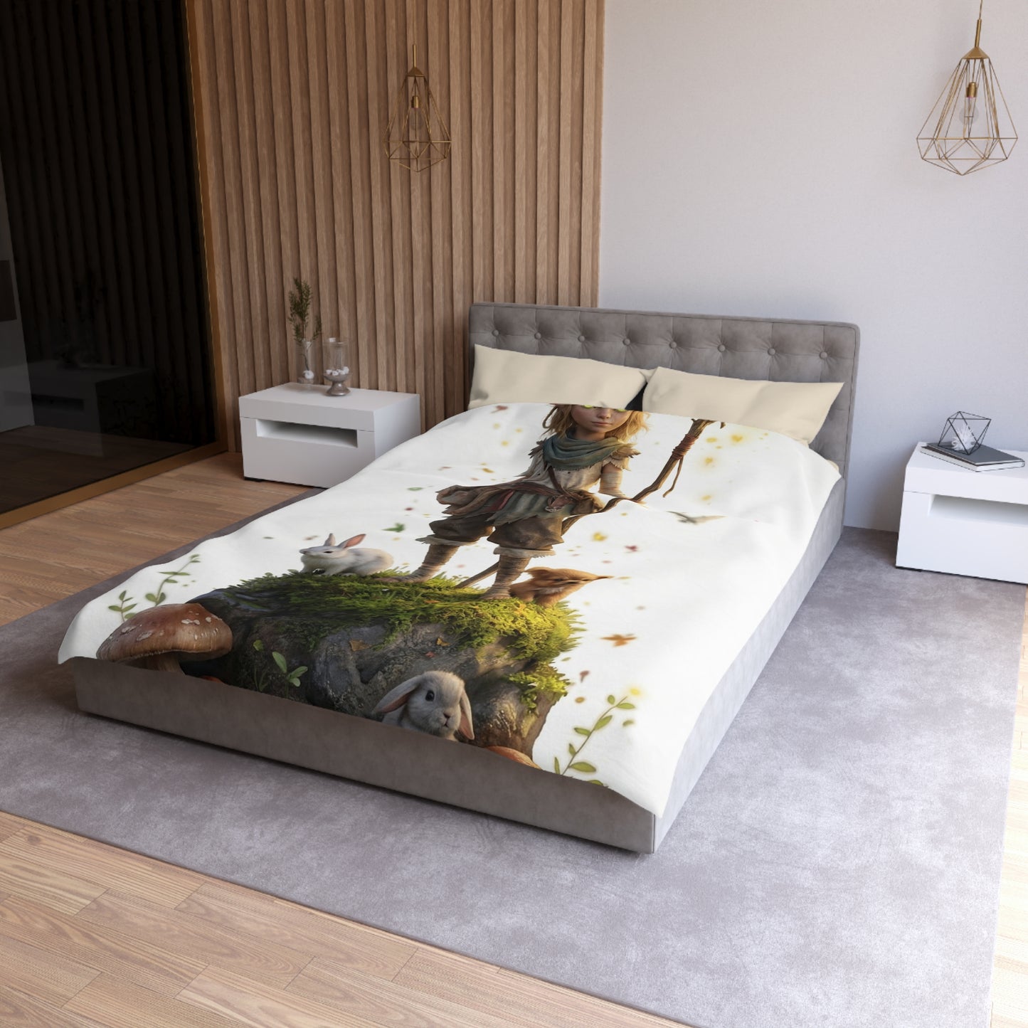 Forest Guardian Child Microfiber Duvet Cover – Mossy Rock Haven with Whispering Animals