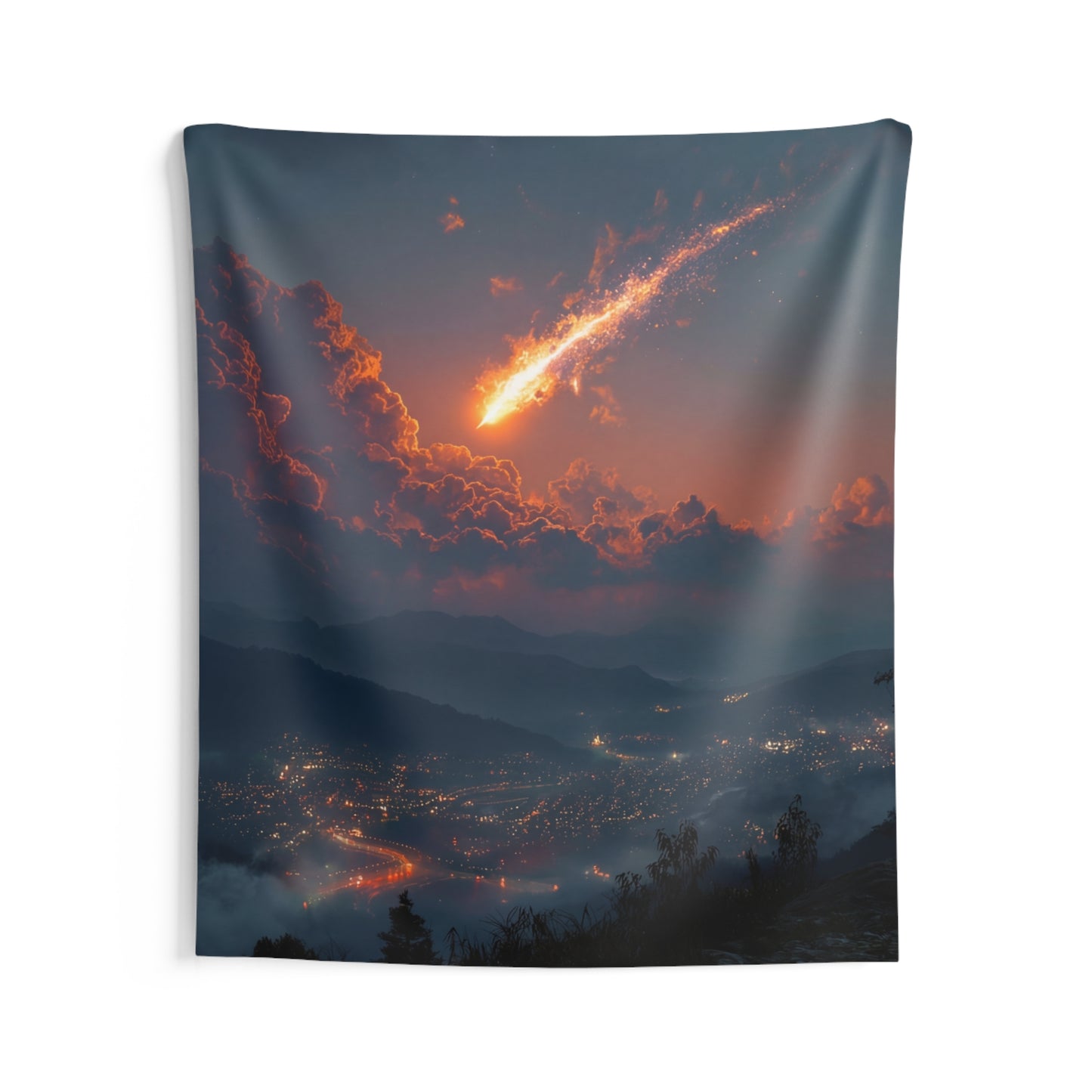 Celestial Fireball Indoor Wall Tapestries – Skyfall Over Mountain Vale