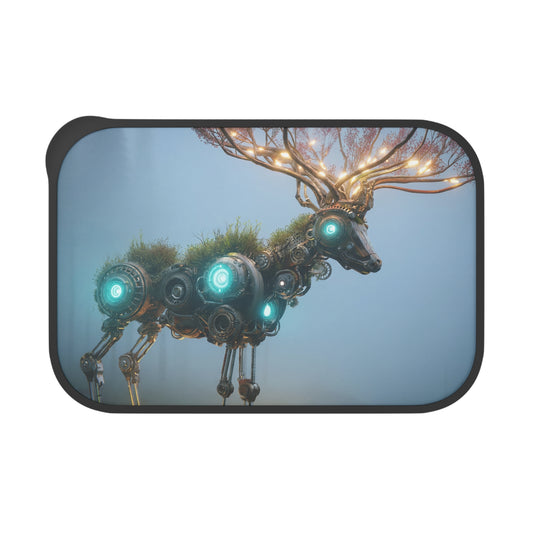 Cybernetic Forest Stag PLA Bento Box with Band and Utensils – Glowing Circuitry & Blooming Antlers