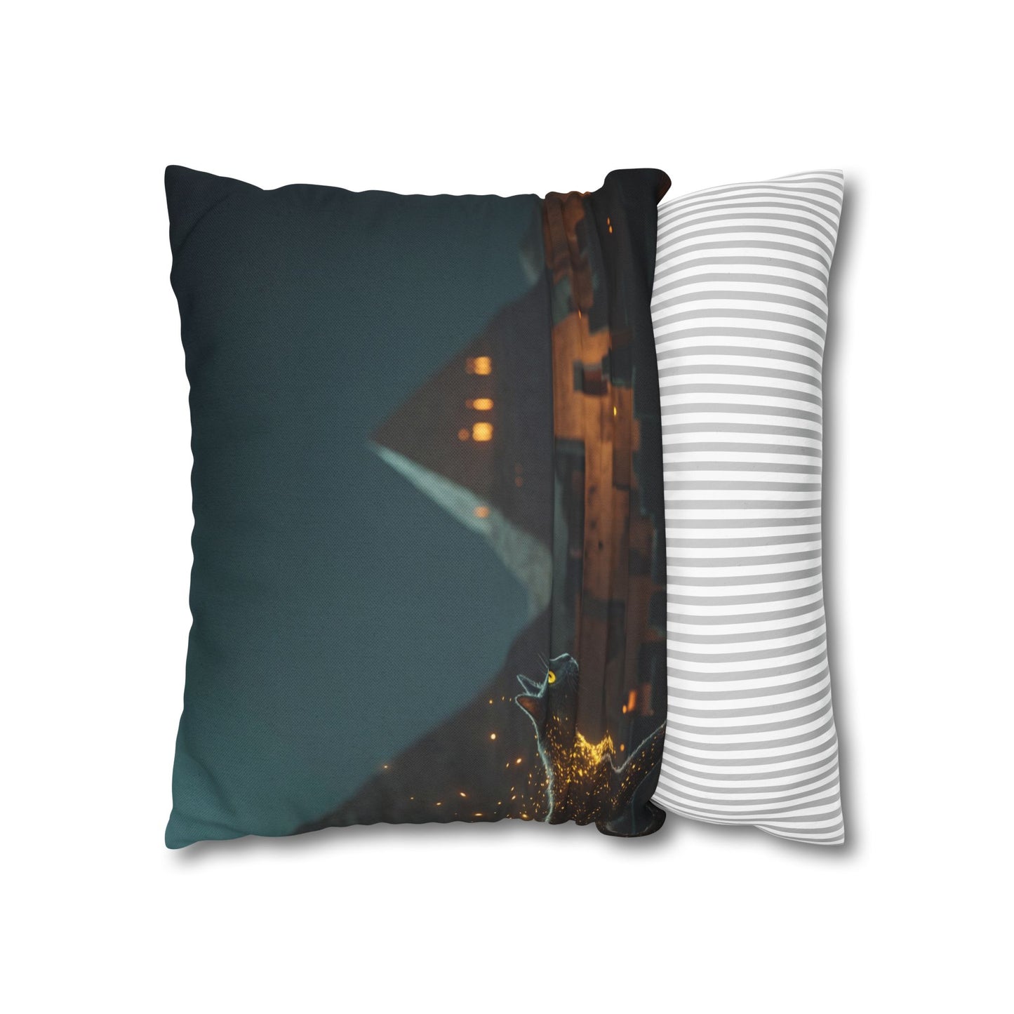 Starlit Cat by Pyramids Spun Polyester Square Pillowcase – Ancient Nightwalk Dreamscape