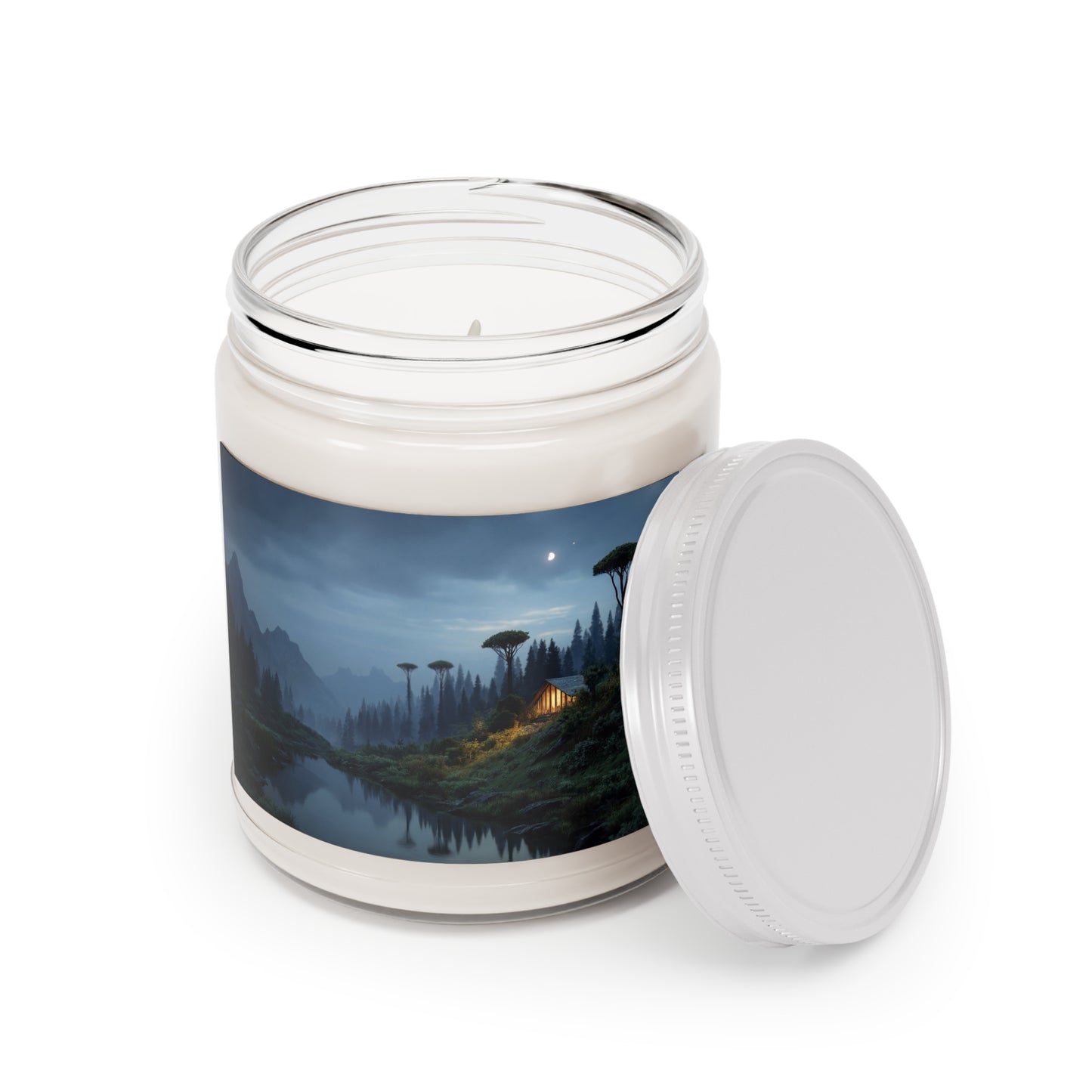 Mountain Lodge at Moonrise Scented Soy Candles with White Lid, 9oz – Warm Light in a Whispering Valley
