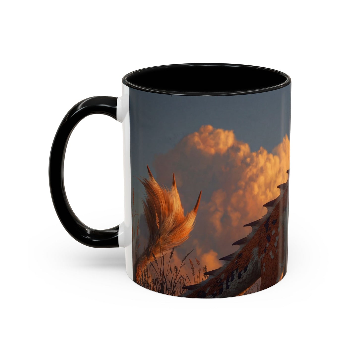 Sunset Dragon Accent Coffee Mug (11, 15oz) – Warm Ember Guardian in Golden Grasses