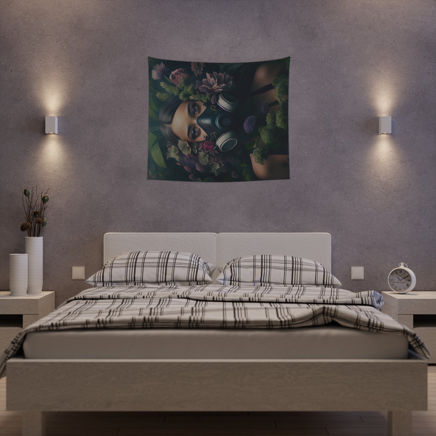 a beautiful woman wearing a gas mask filled with plants and flowers and moss - Printed Wall Tapestry