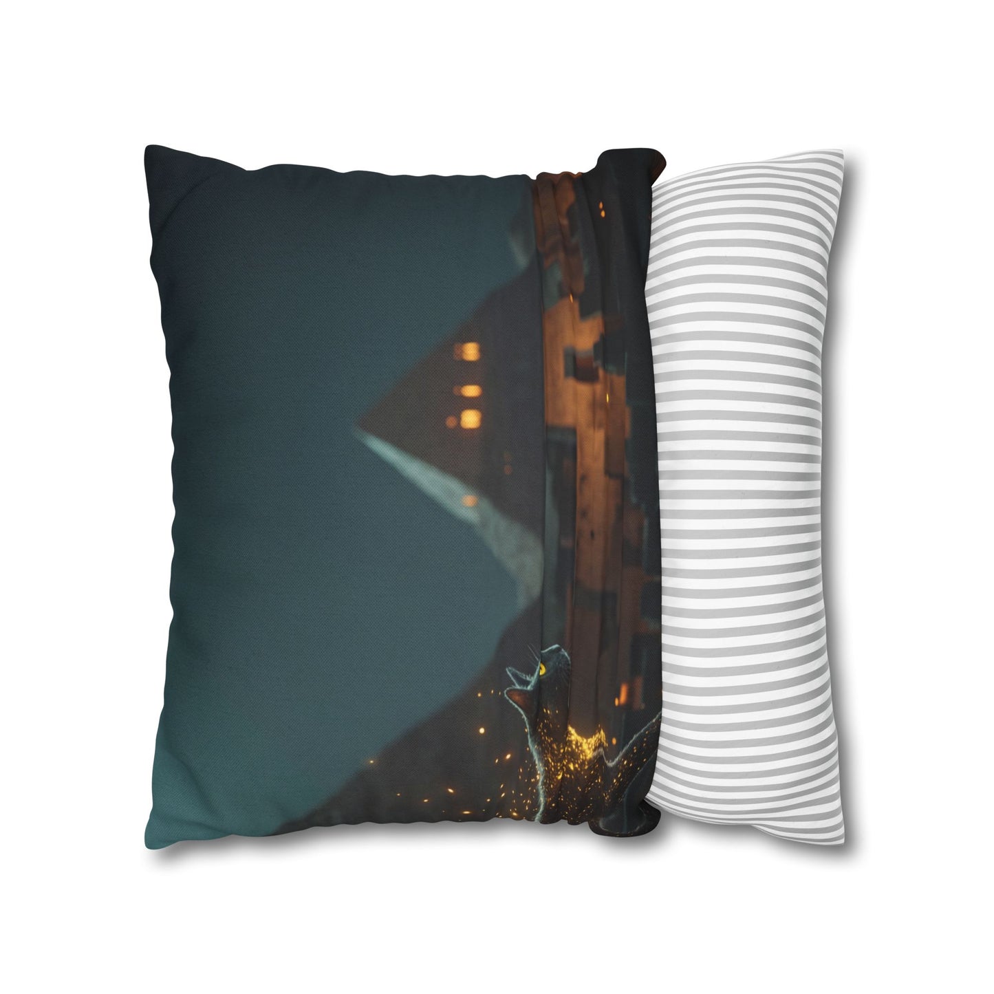 Starlit Cat by Pyramids Spun Polyester Square Pillowcase – Ancient Nightwalk Dreamscape