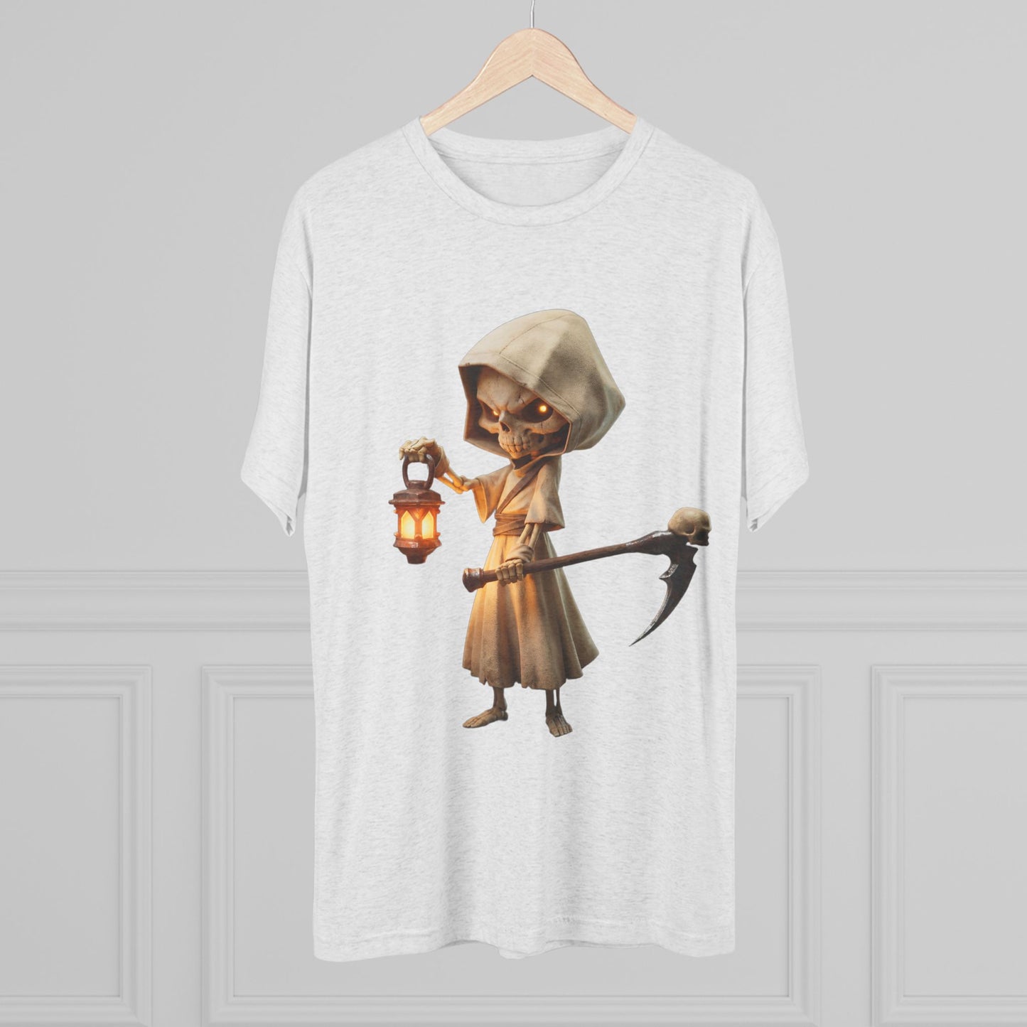 Lantern-Bearing Skeleton Hoodie Tee – Soft Tri-Blend Crewneck with Scythe and Glowing Eyes