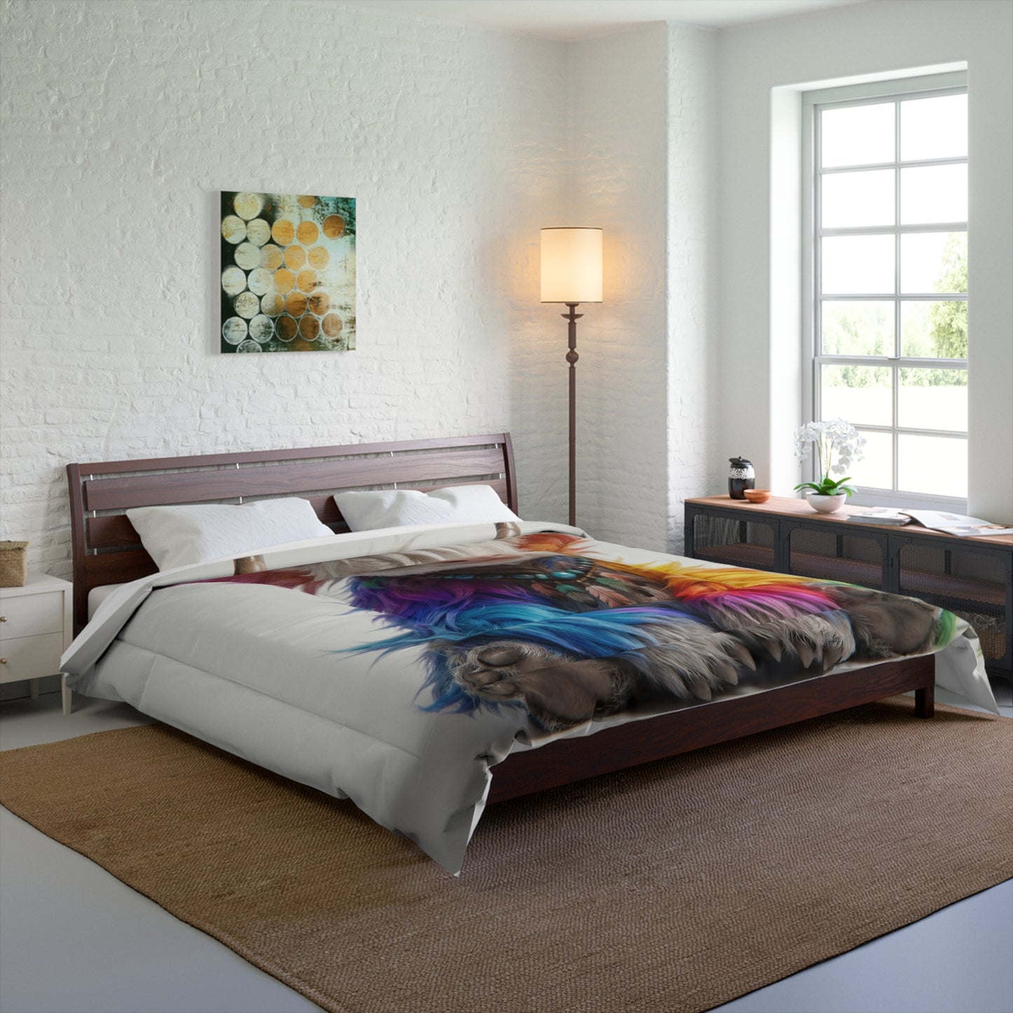 Rainbow Horned Guardian Comforter – Whimsical Furry Spirit Dreamscape