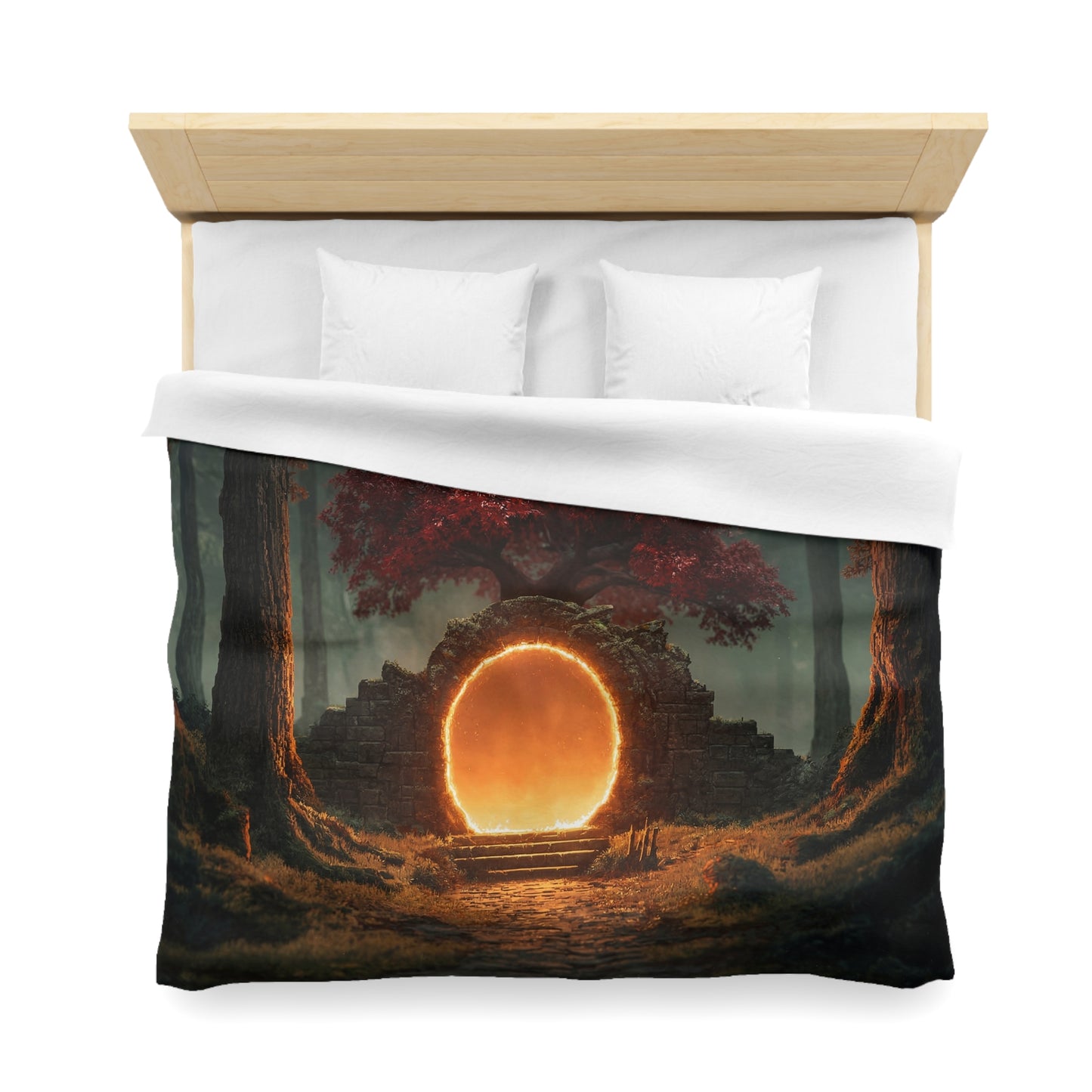 Crimson Portal Duvet Cover – Whispering Forest Gateway