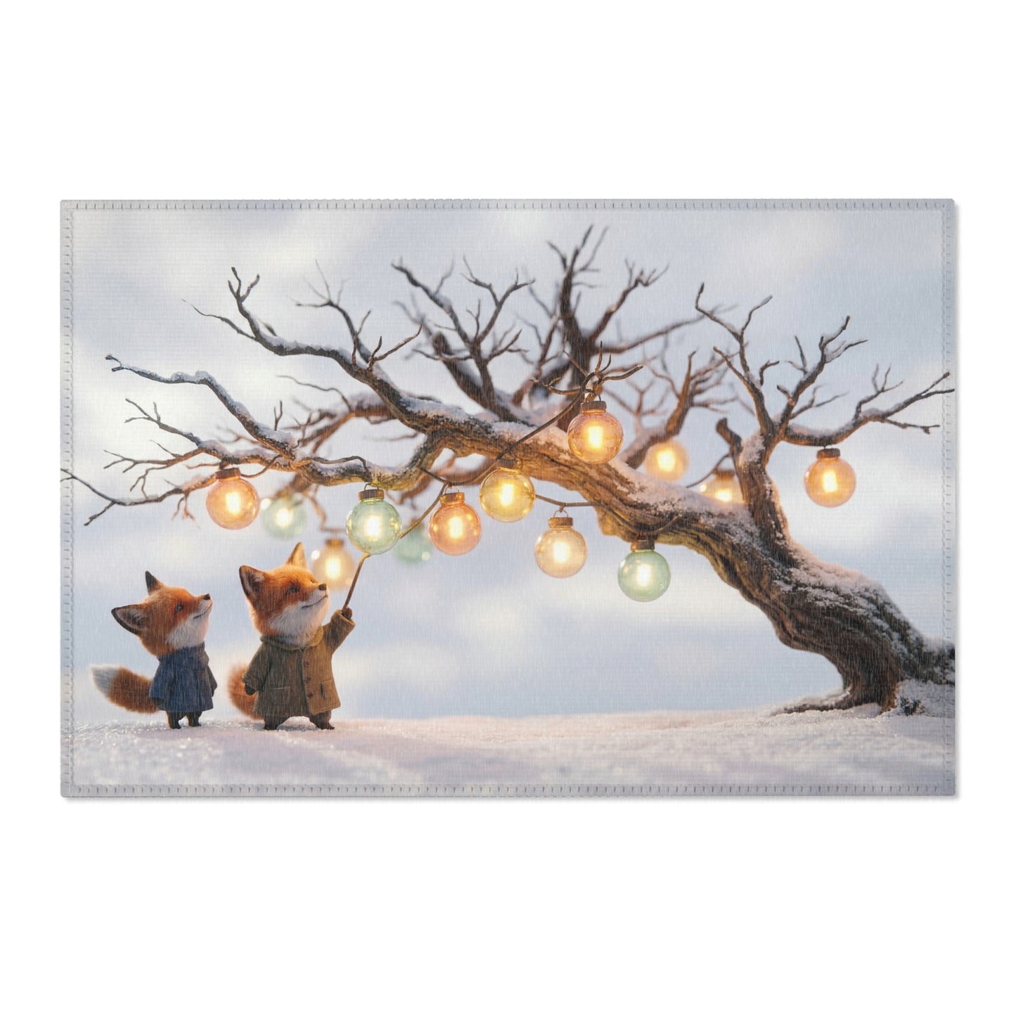 Snow Fox Lanterns Area Rug – Winter’s Quiet Glow Under Bare Branches