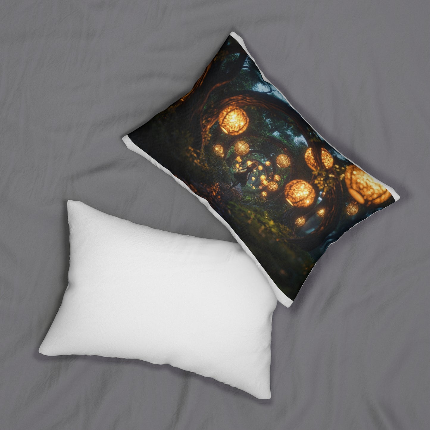 Luminous Forest Path Spun Polyester Lumbar Pillow – Warm Lanterns Guide Your Way