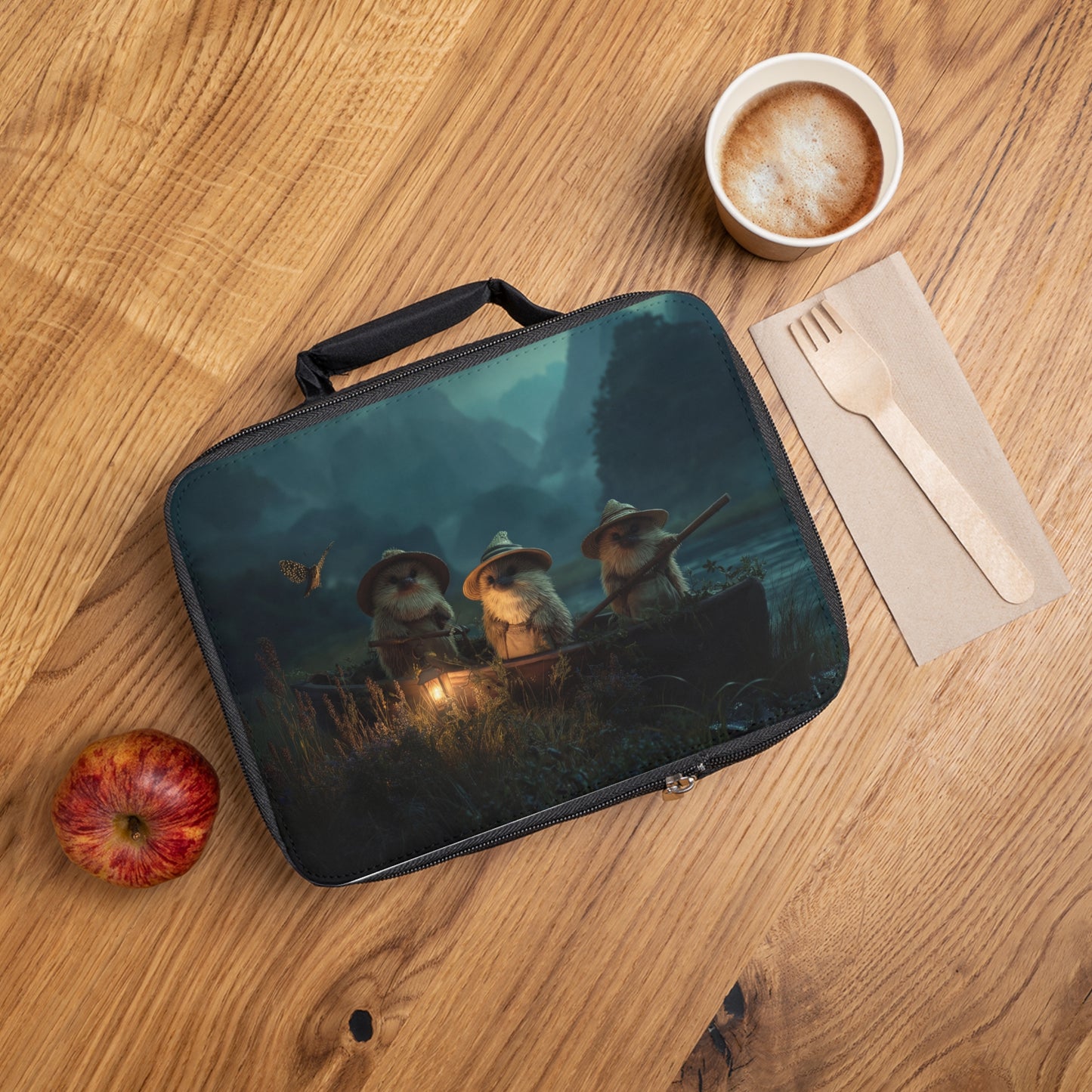 Three Hedgehog Ferrymen Lunch Bag – Twilight River Voyage with Lantern Glow