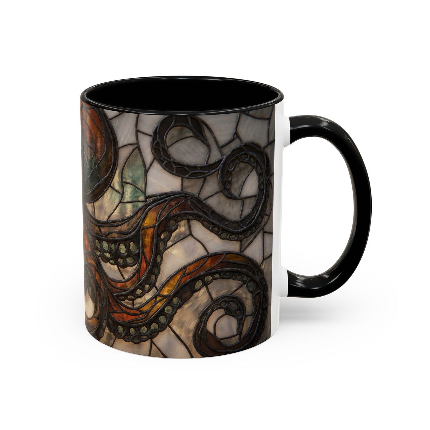 Stained Glass Octopus Accent Coffee Mug – Amber Tentacle Mosaic Art
