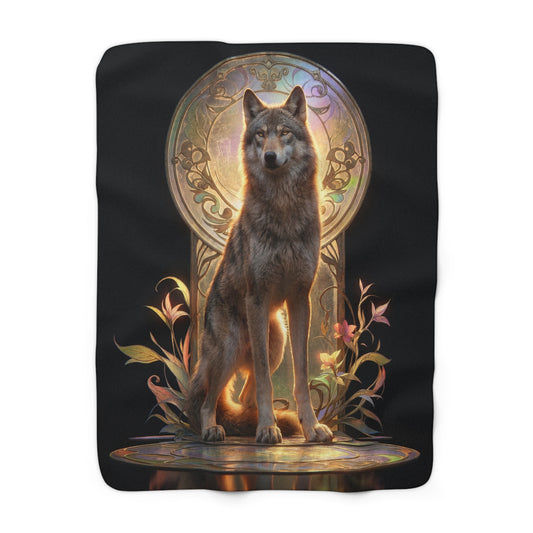 Regal Wolf Throne Sherpa Fleece Blanket – Golden Light and Art Nouveau Grace