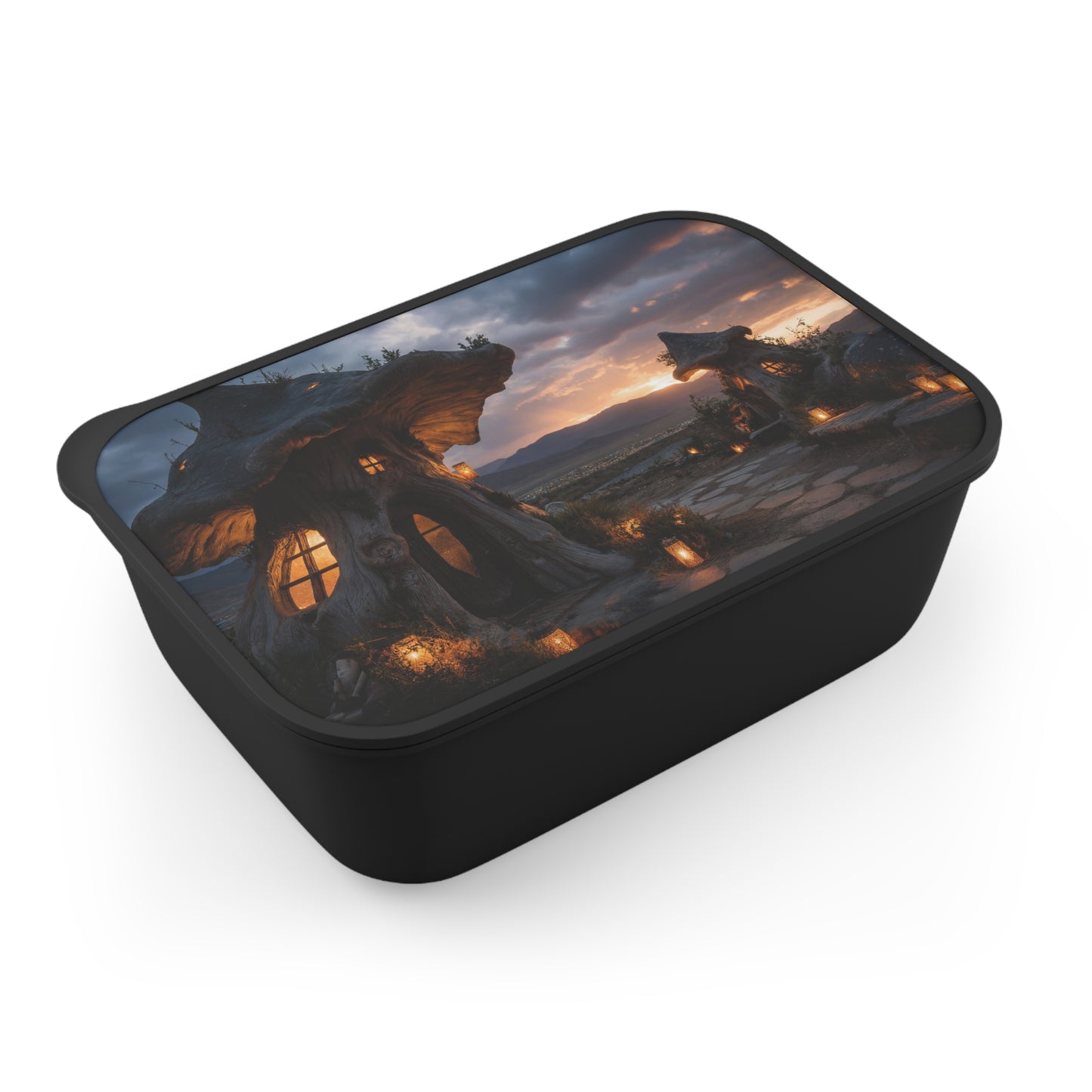 Twilight Mushroom Cottage PLA Bento Box with Band and Utensils – Warm Glow Over Mountain Vista