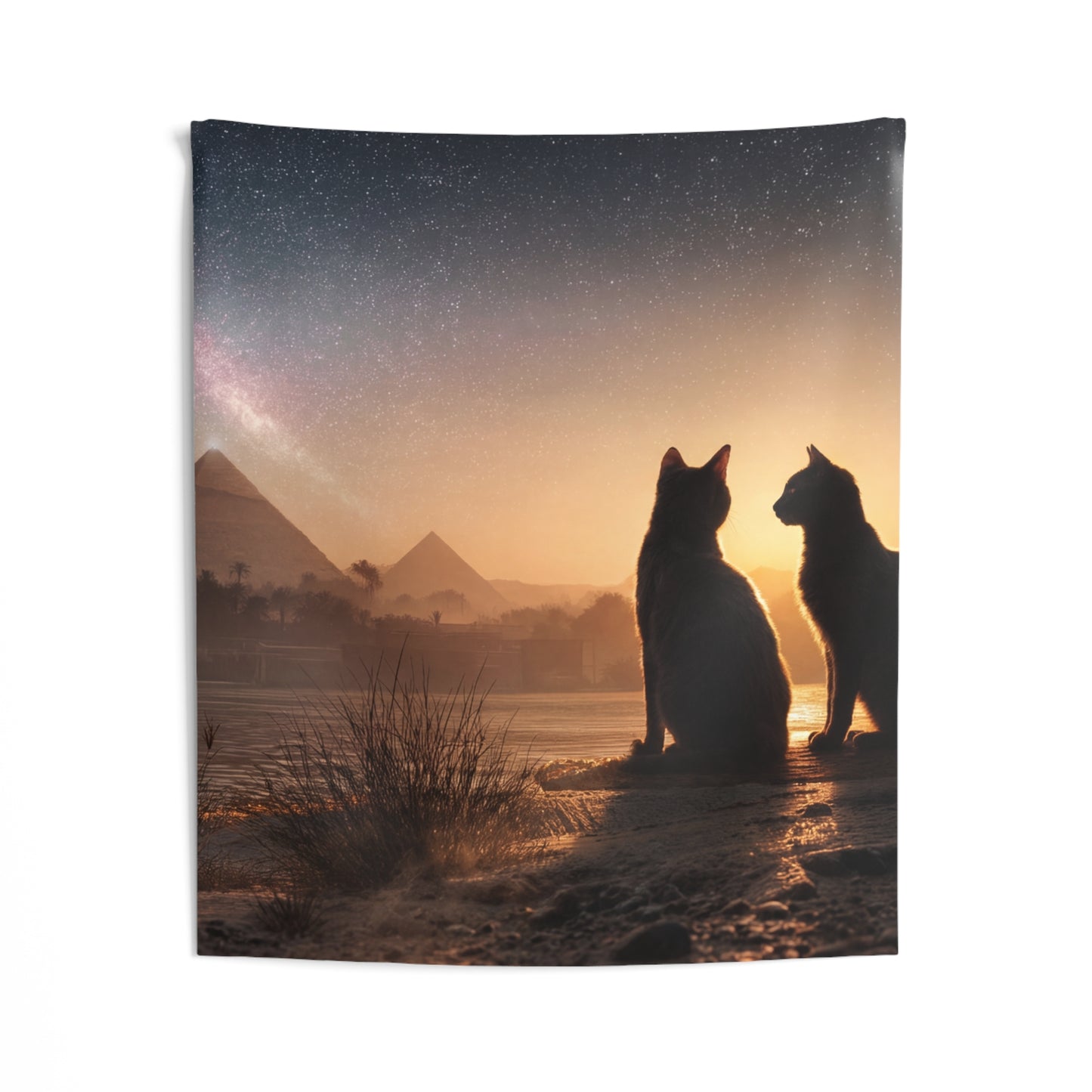 Starlit Pyramids Cat Wall Tapestry – Whispers of Ancient Cosmos