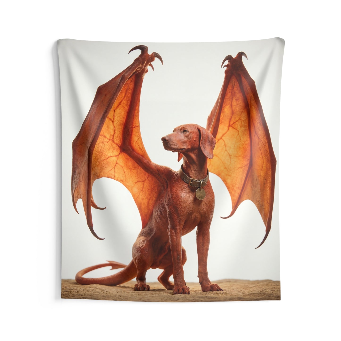 Winged Canine Sentinel Indoor Wall Tapestries – Amber Glow Against Soft Sky