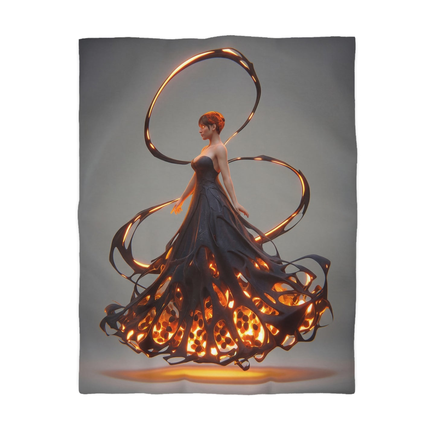 Luminescent Veil Duvet Cover – Floating Goddess in Amber Glow