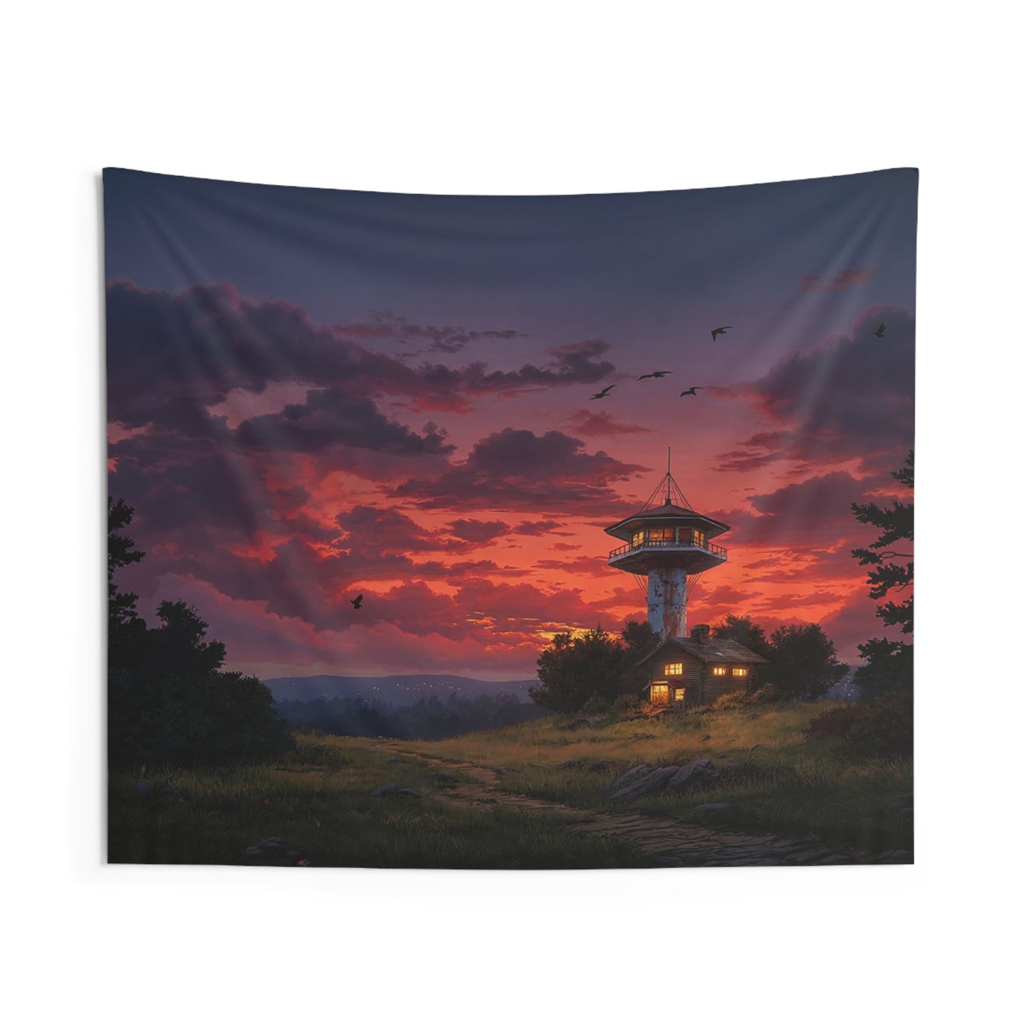 Twilight Watchtower Wall Tapestry – Crimson Sky Over Mountain Sentinel