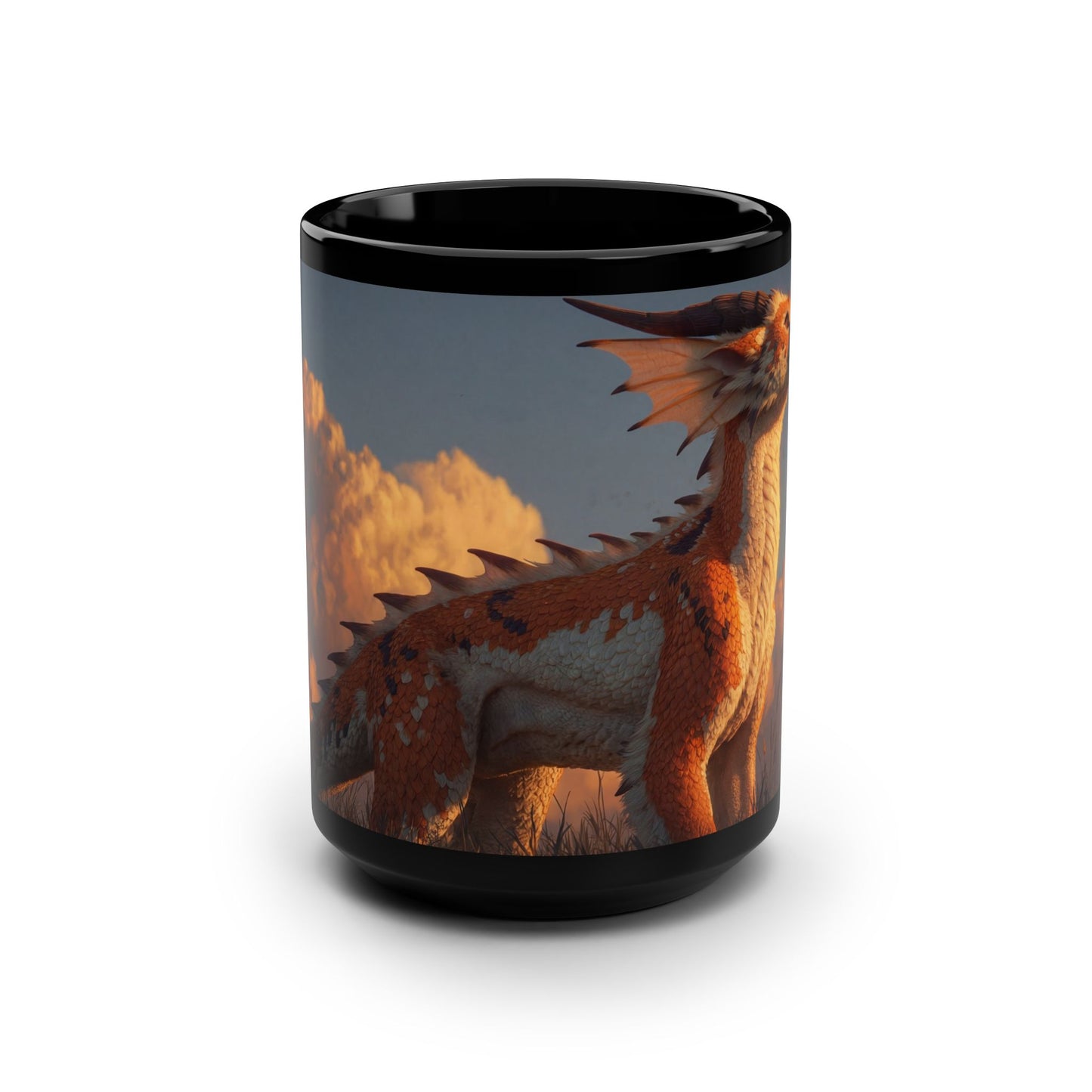 Sunlit Dragon Black Mug, 15oz – Amber Mane at Sunset