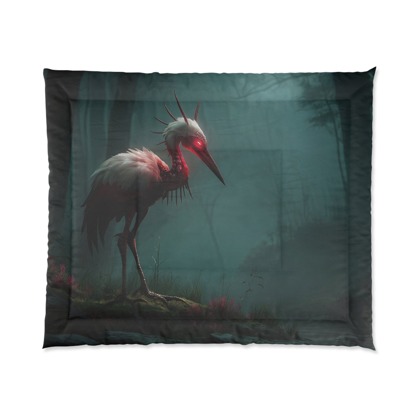 Crimson Sentinel Comforter – Mist-Covered Forest Guardian