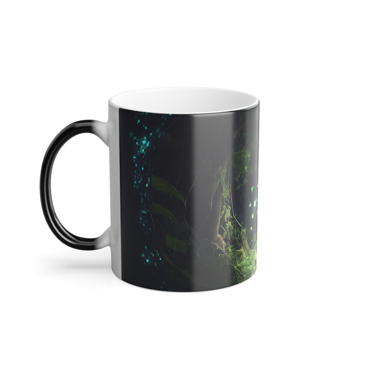 30 year old woman looking into a bright fairytale world, glow, fireflies, dark round frame, green nature, bright forest, highly detailed - Color Morphing Mug, 11oz