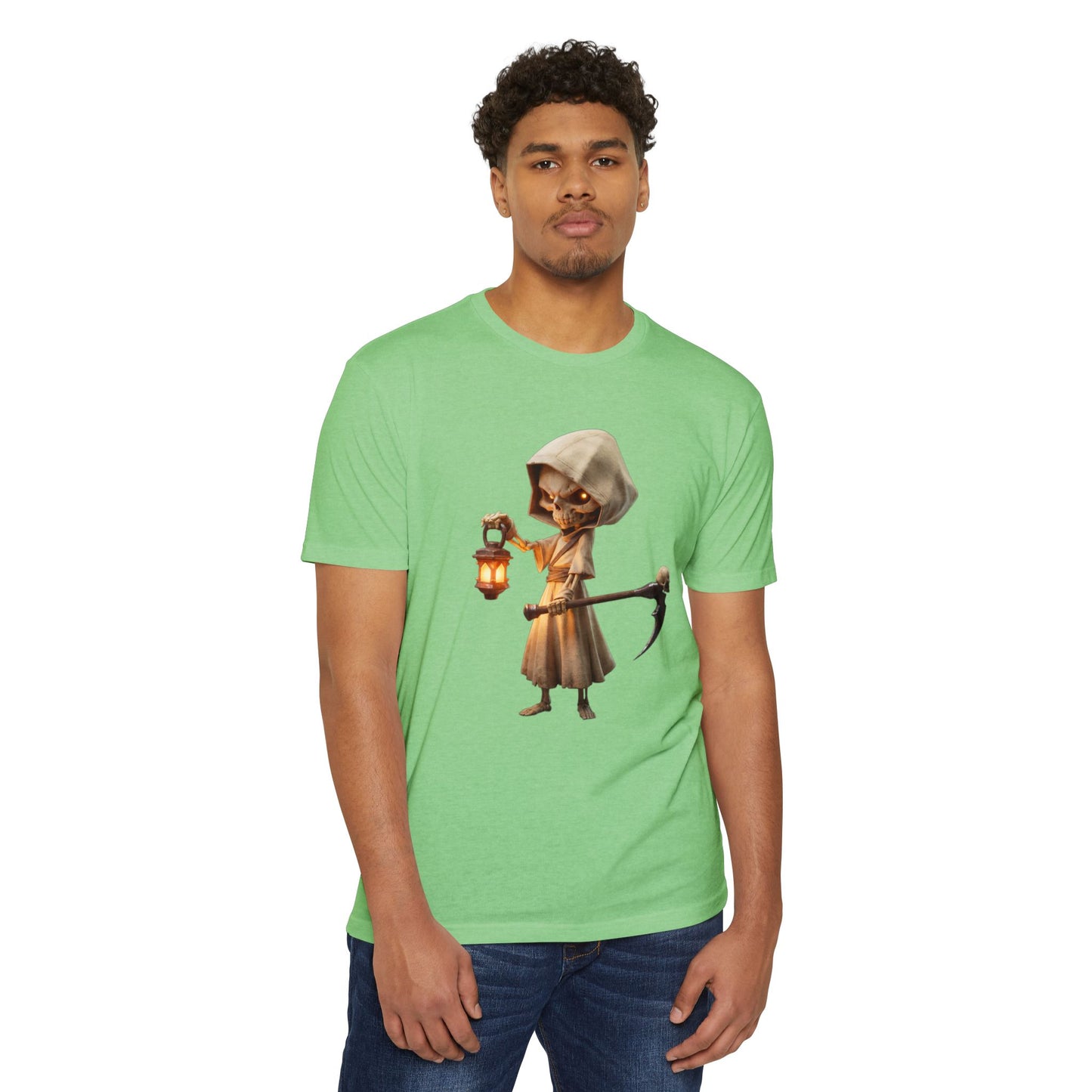 Lantern-Bearing Grim Reaper T-shirt – Hooded Sentinel with Scythe