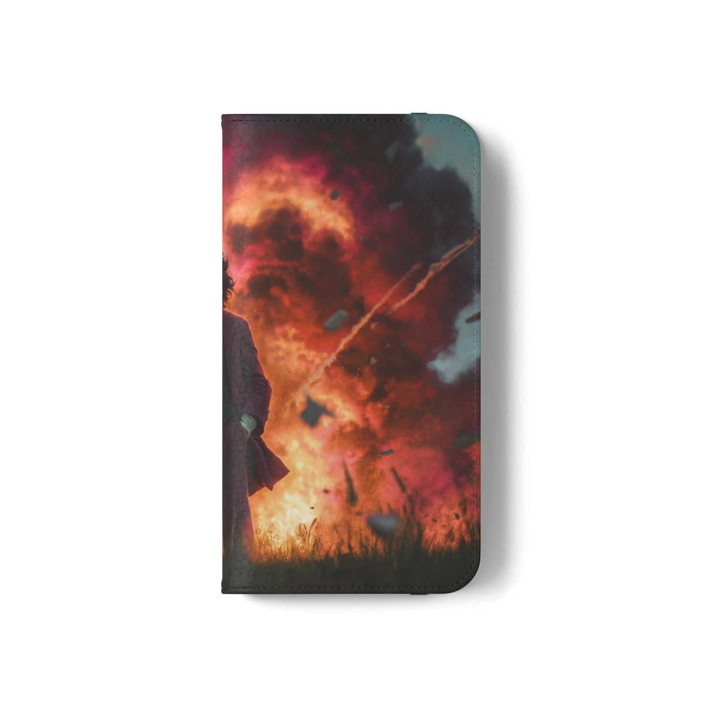 Goggles & Chaos Flip Cases – Purple Suit Amidst Fiery Explosion