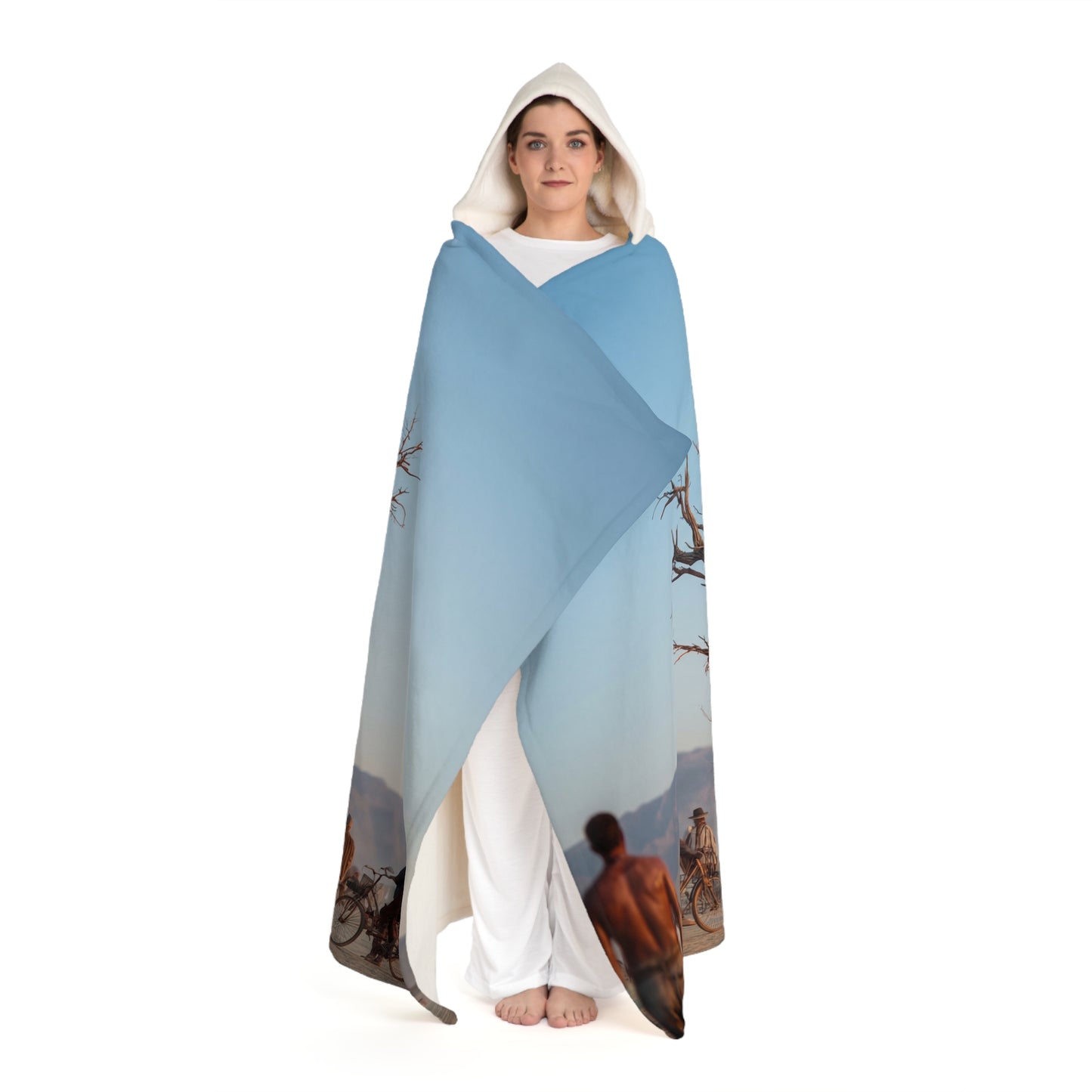 Clock Tower Hooded Sherpa Fleece Blanket – Desert Pilgrims at Twilight
