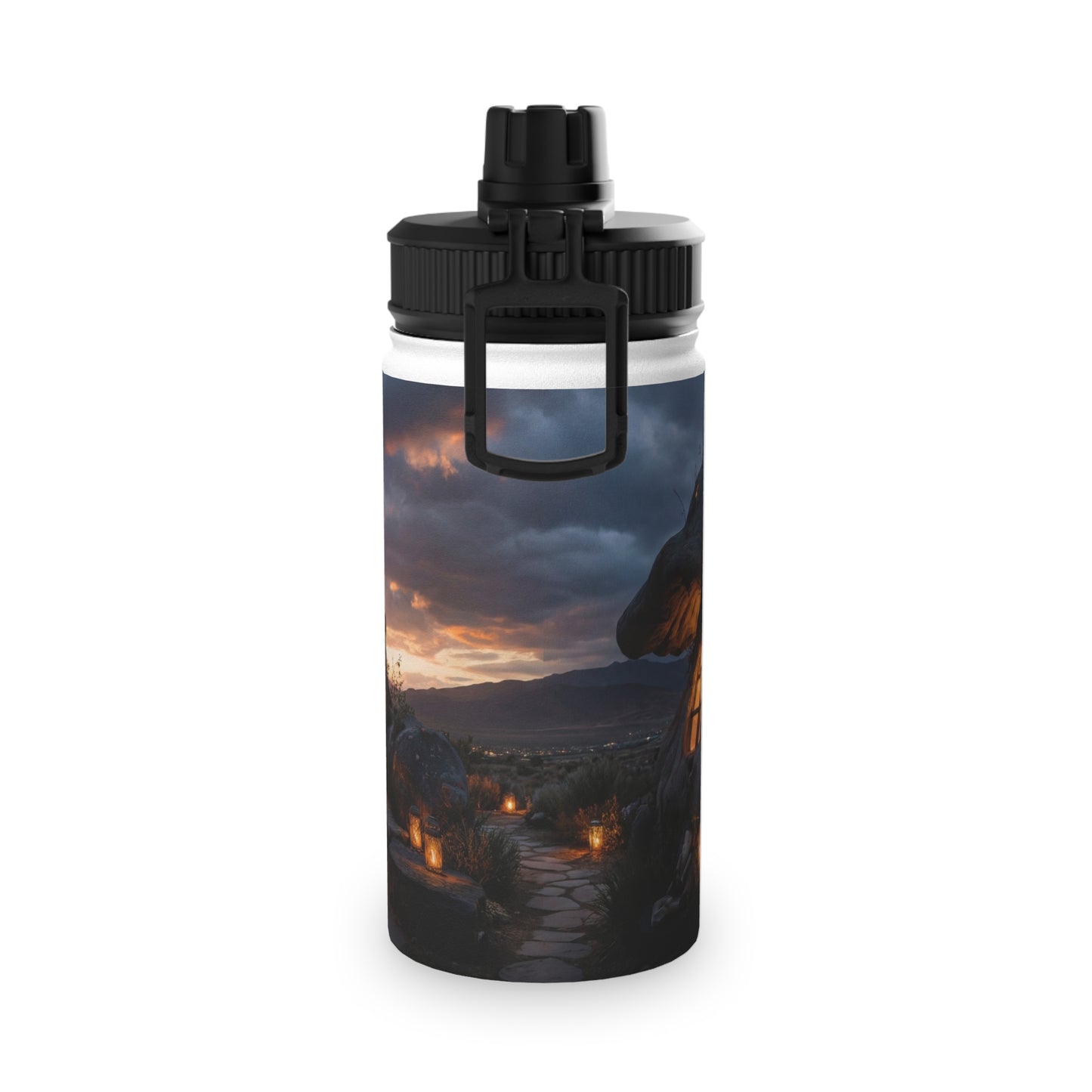 Mushroom Grove Retreat Stainless Steel Water Bottle, Sports Lid – Twilight Fairy Home Dreamscape