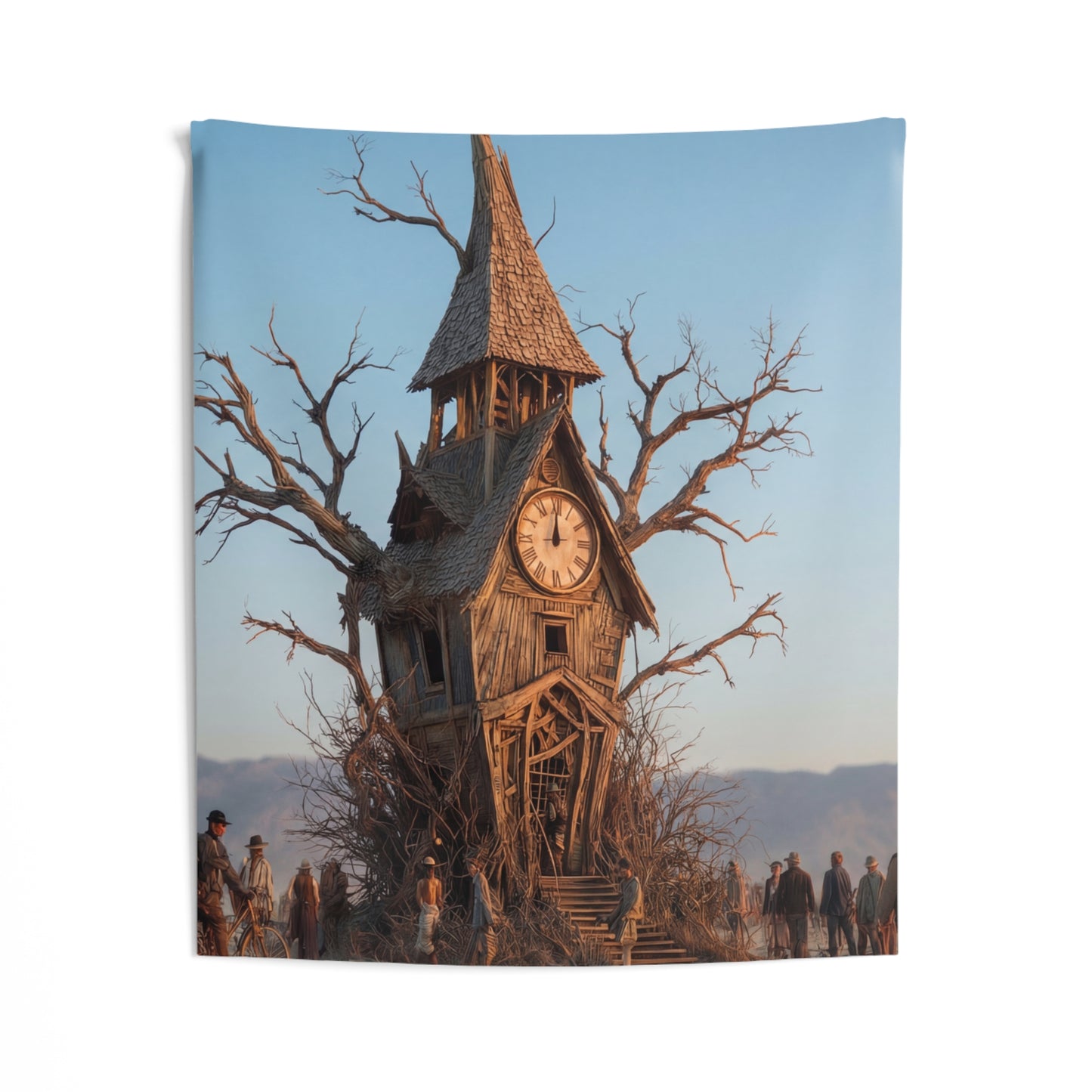Clock Tower in the Desert Tree Indoor Wall Tapestries – A Quiet Passage Through Time