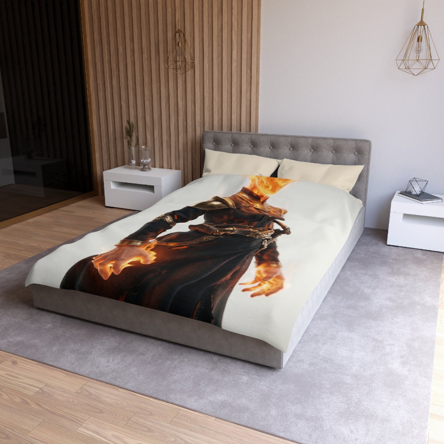 Flame-Wreathed Sentinel Microfiber Duvet Cover – Ashes and Ember Reverie