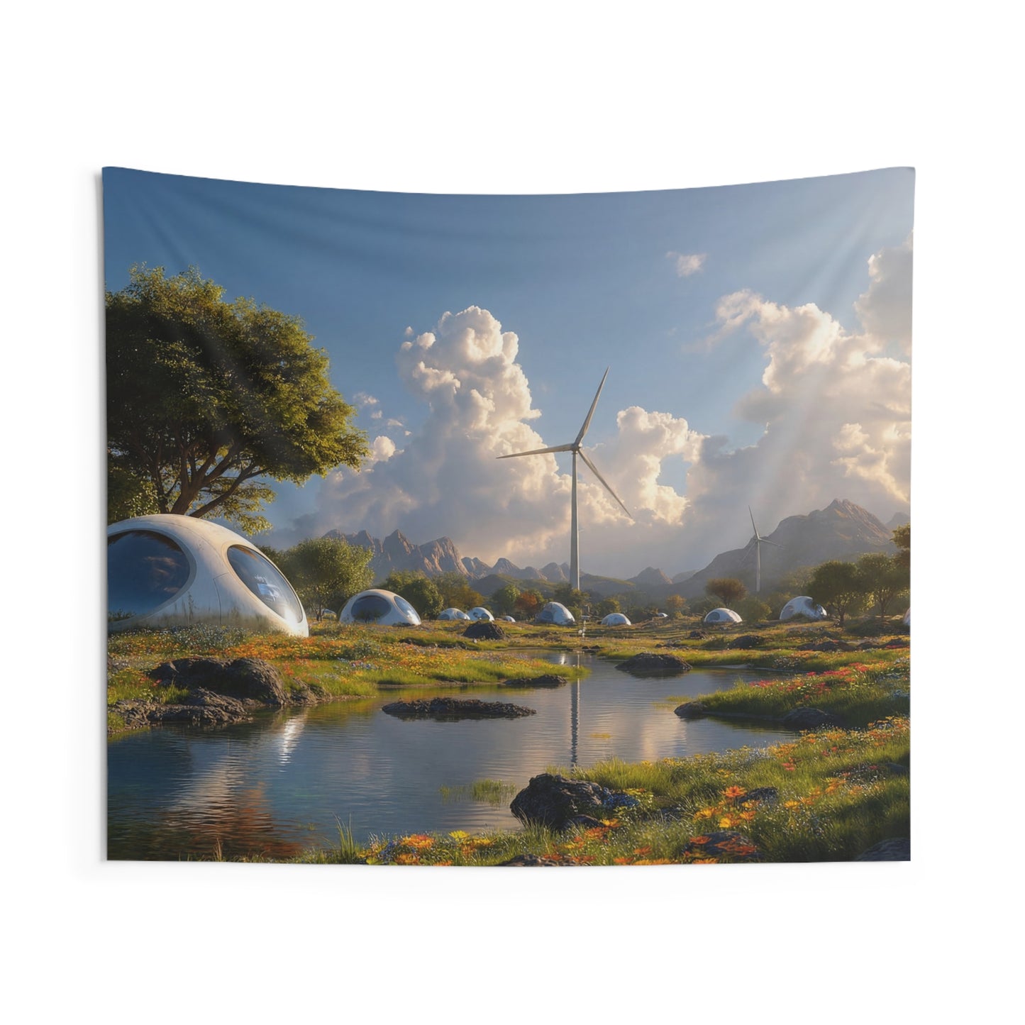 Futuristic Dome Village Indoor Wall Tapestries – Sunset Energy Dreamscape