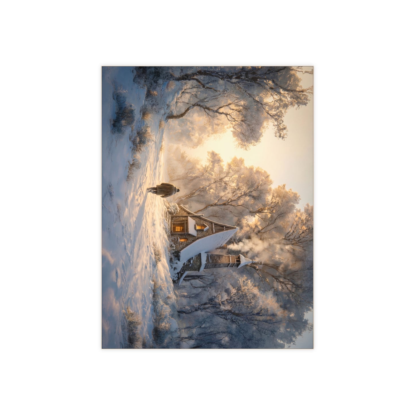 Winter Solstice Cottage Ceramic Photo Tile – Warm Light Through Frosty Woods
