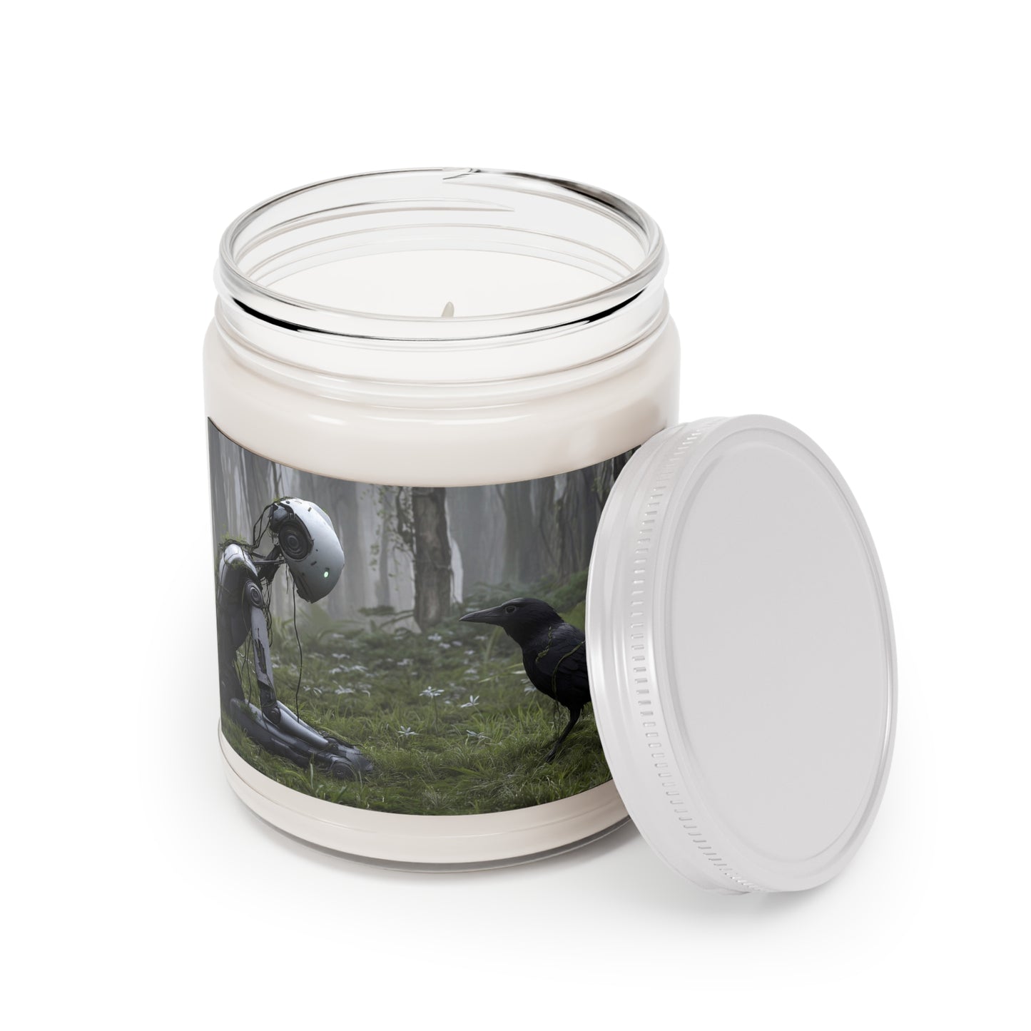 Forgotten Robot & Raven Scented Soy Candles with White Lid, 9oz – Moss-Glowing Forest Dialogue