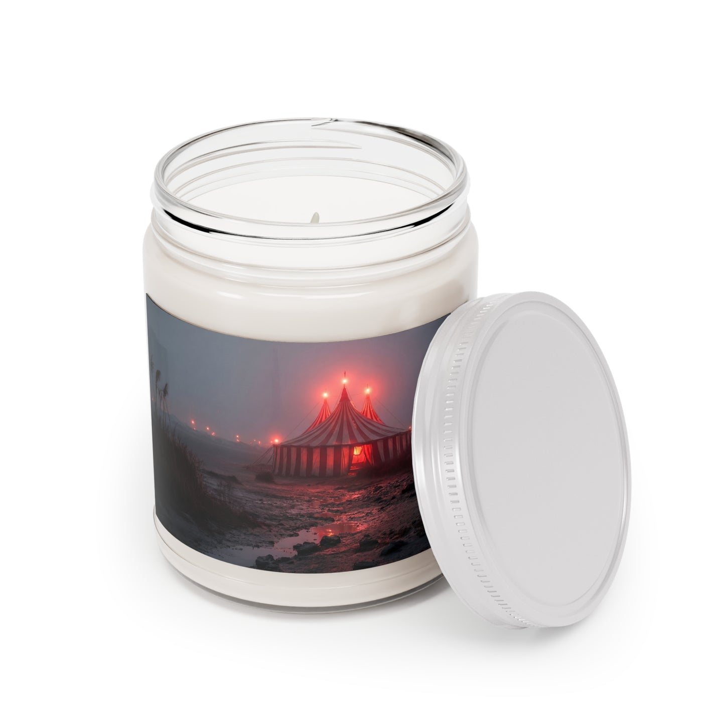 Midnight Circus Tent Scented Soy Candles with White Lid, 9oz – Crimson Glow on the Foggy Shore