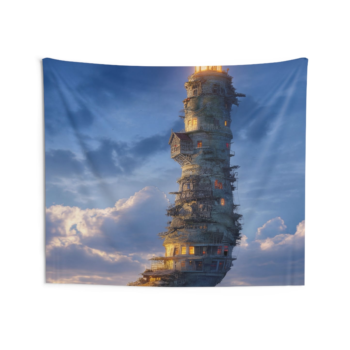 Skyborne Lighthouse Indoor Wall Tapestries – Aetherial Beacon at Dusk
