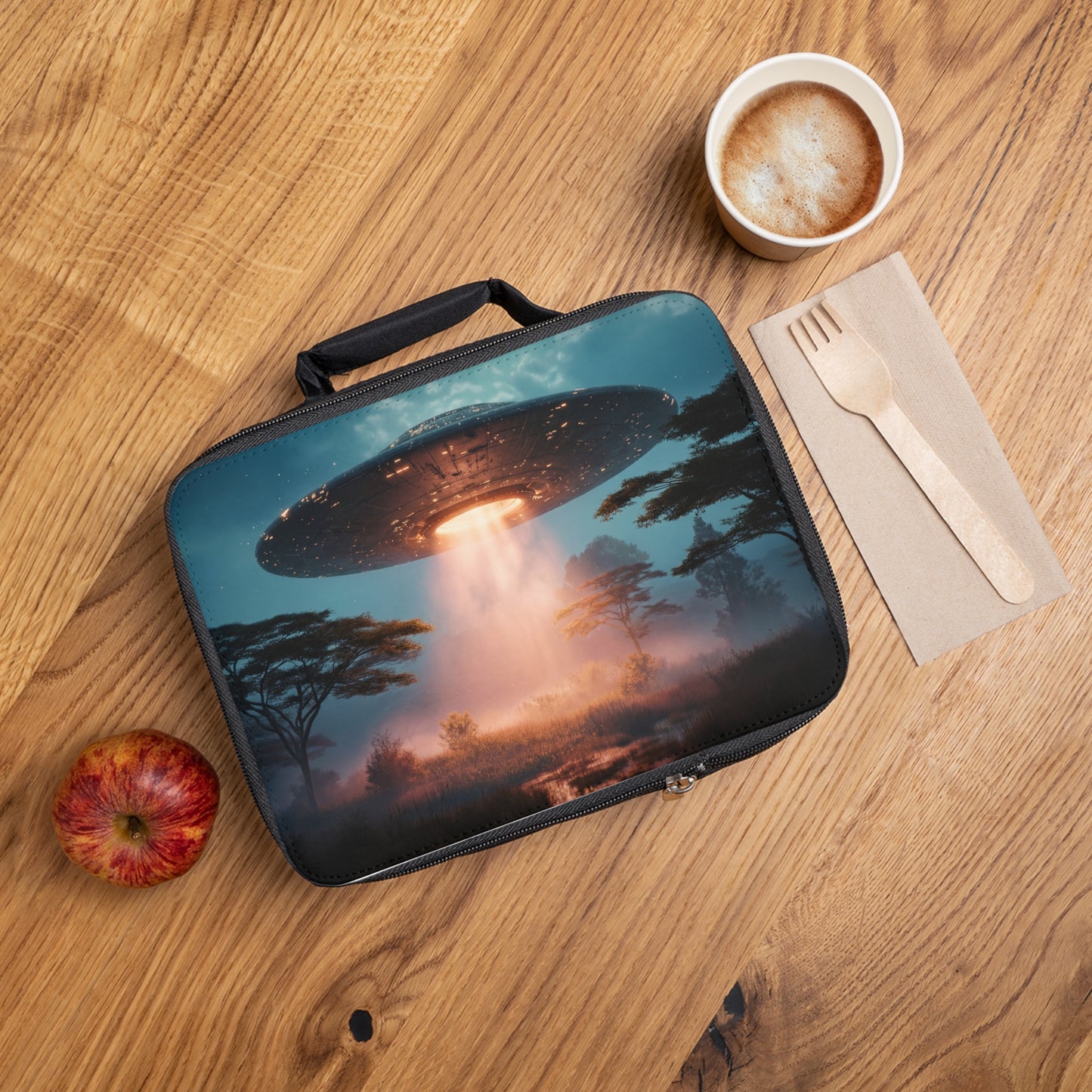 UFO Over Savannah Lunch Bag – Celestial Beam Through Misty Canopy