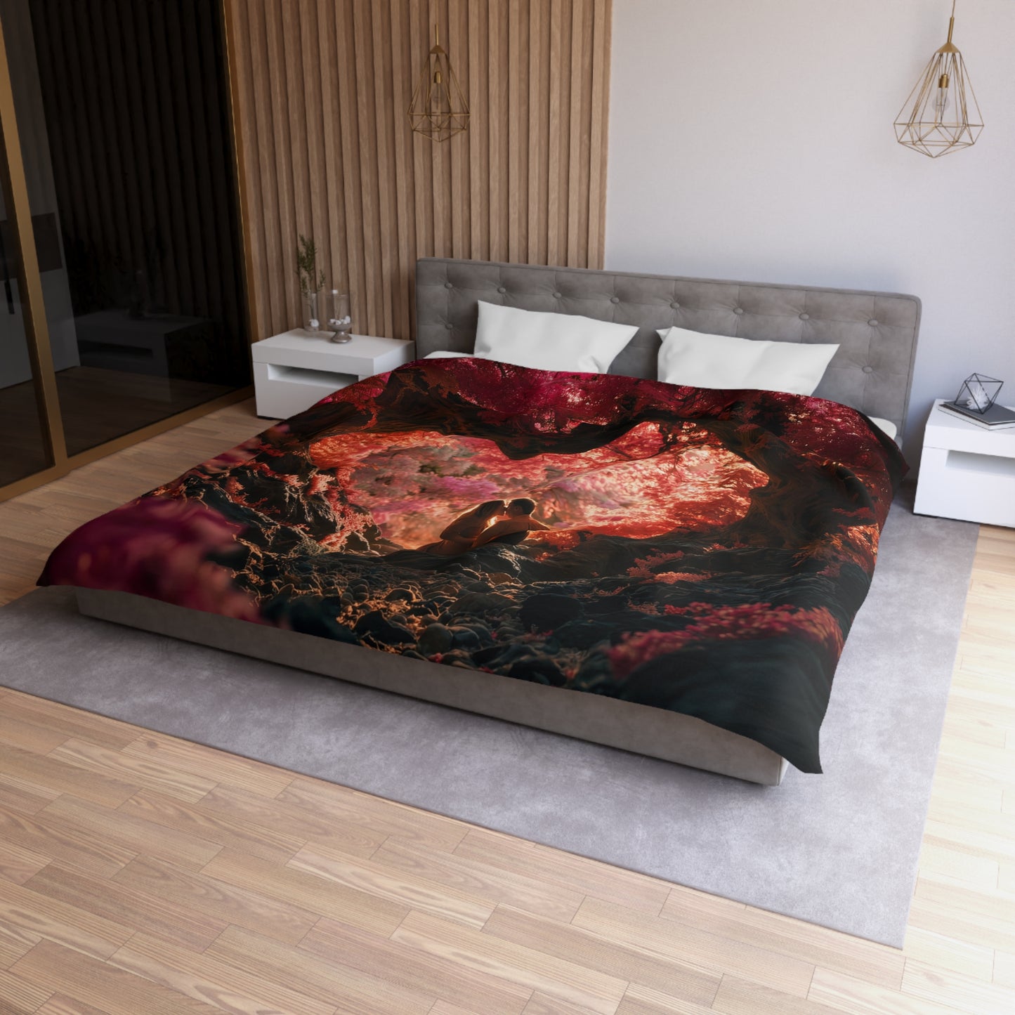 Crimson Archway Duvet Cover – Heart-Shaped Forest Canopy Print