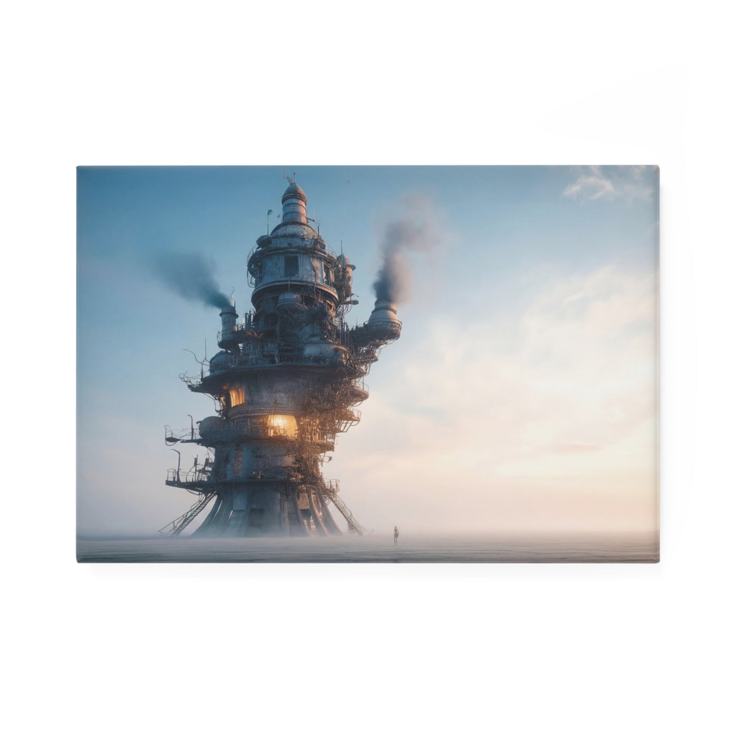 Steamborne Tower Button Magnet, Rectangle (1 & 10 pcs) – Dawn’s Warm Glow Through Iron Skies